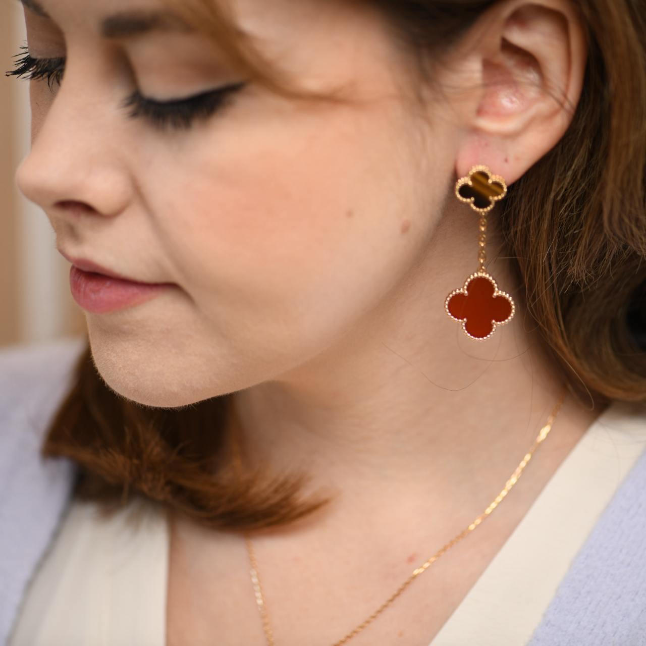 Modern Van Cleef & Arpels Magic Alhambra Carnelian and Tiger Eye 2 Motifs Earrings