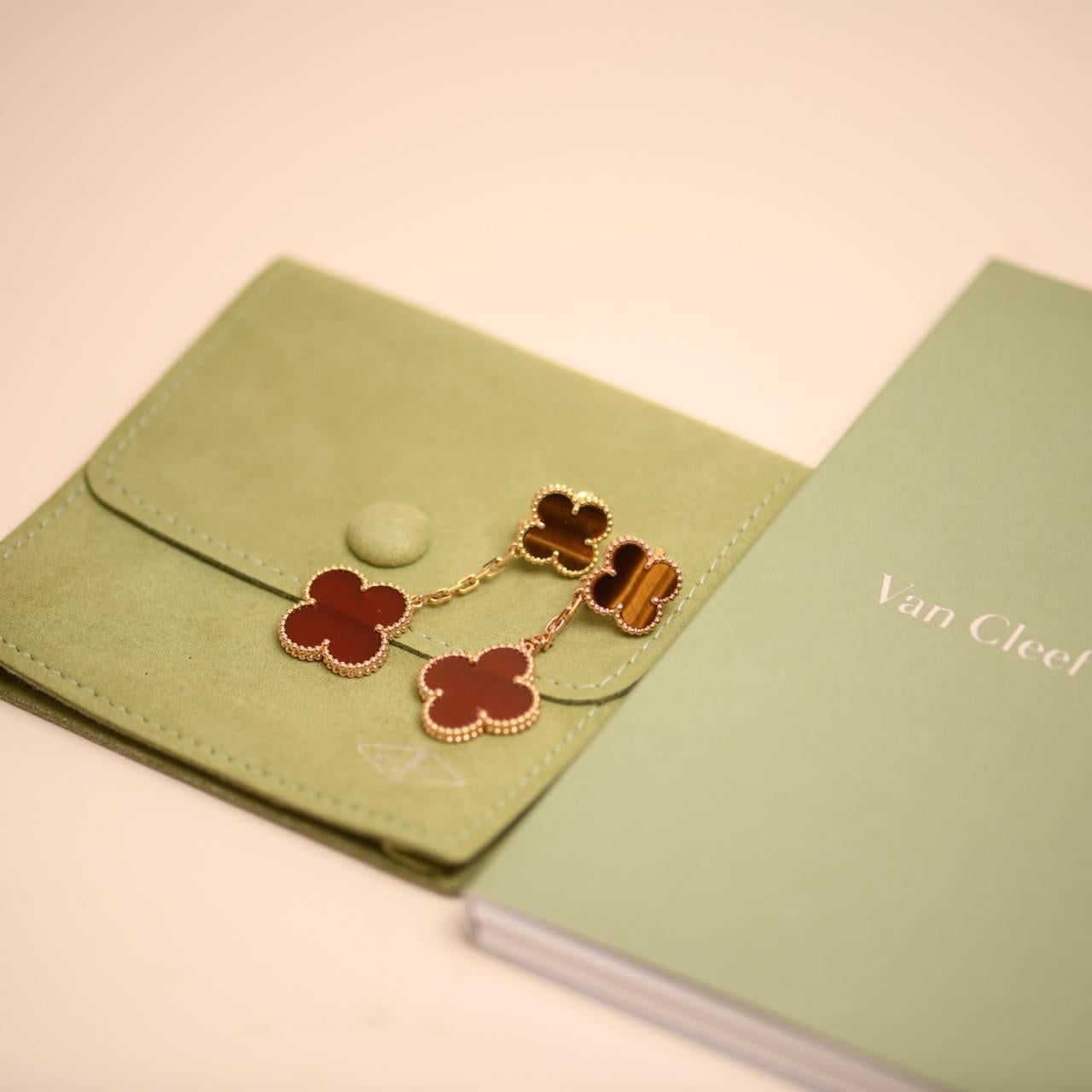Uncut Van Cleef & Arpels Magic Alhambra Carnelian and Tiger Eye 2 Motifs Earrings