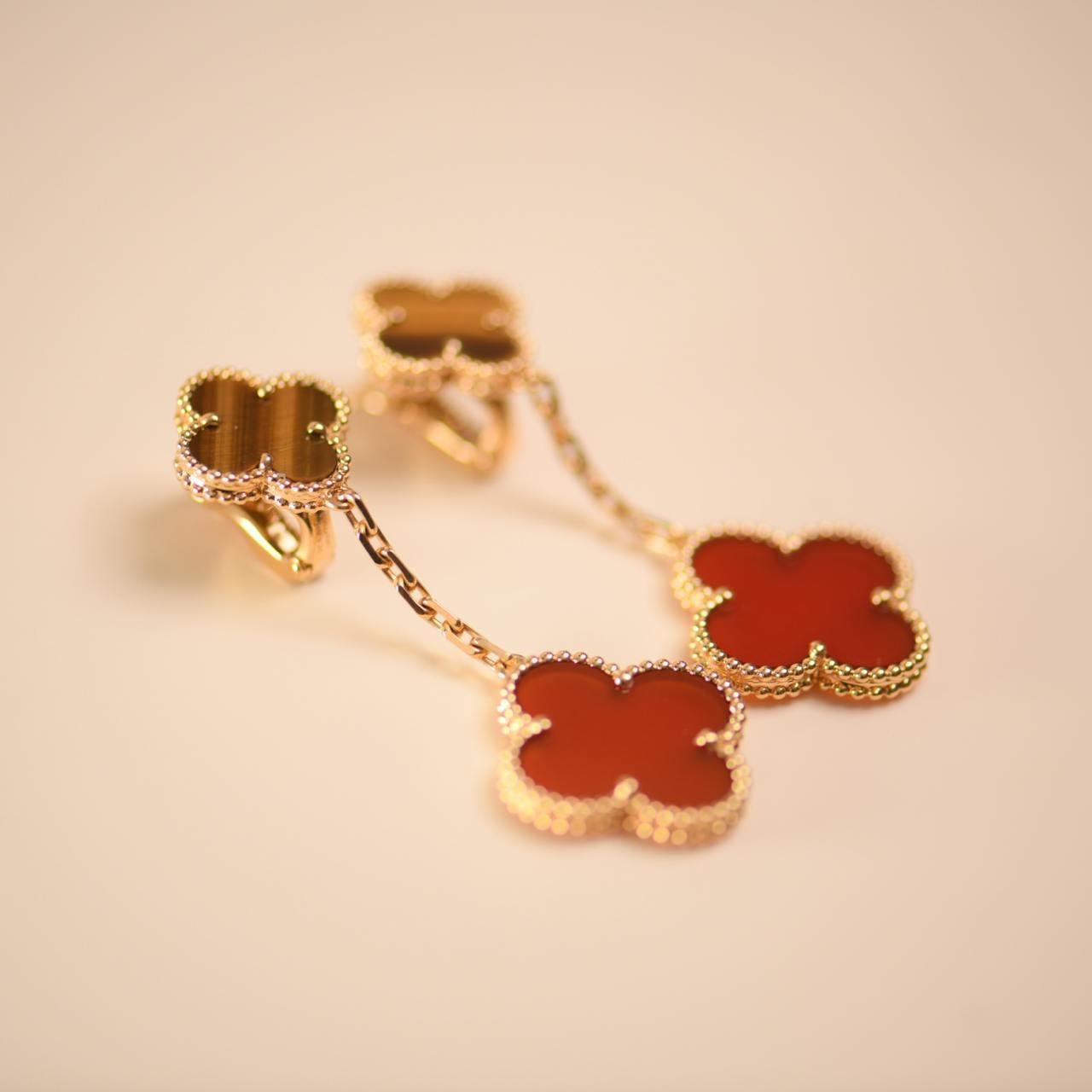 Women's or Men's Van Cleef & Arpels Magic Alhambra Carnelian and Tiger Eye 2 Motifs Earrings