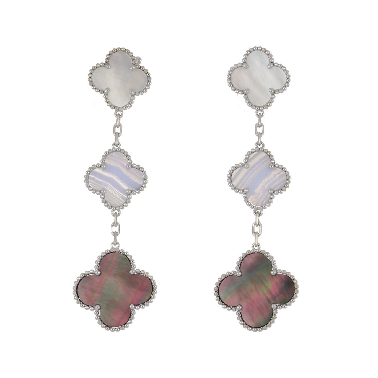 18k White Gold Magic Chalcedony And Mother Of Pearl Alhambra Long 3 Motifs Earrings by Van Cleef & Arpels.
With 2x motifs Grey Mother of Pearl - 20mm each.
2x motifs Chalcedony - 14.5mm each
2x motifs White Mother of Pearl - 14.5mm each.
These