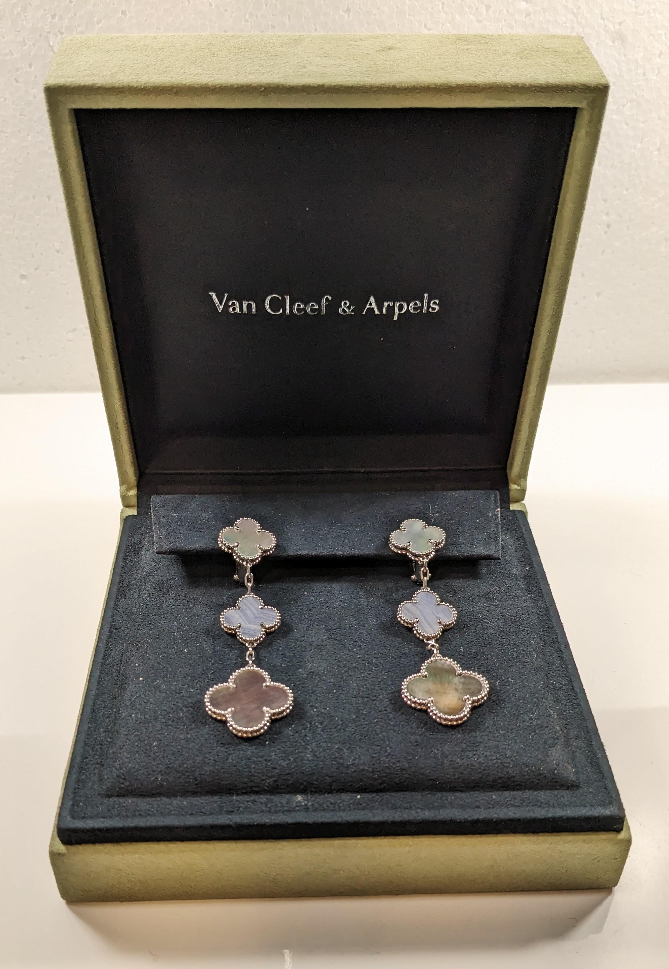Contemporary Van Cleef & Arpels Magic Alhambra Chalcedony Mother of Pearl 3-Motifs Earrings