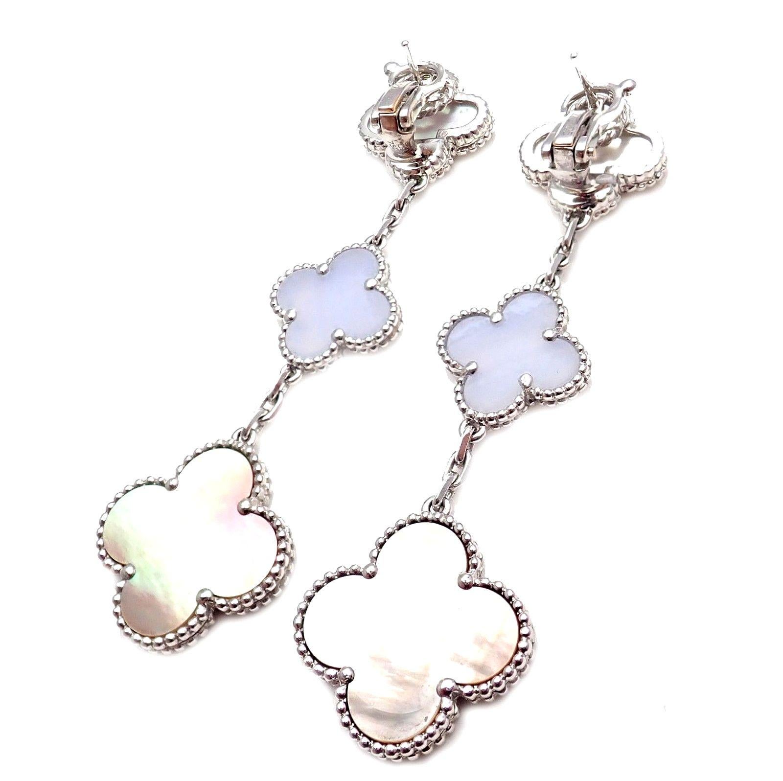 Van Cleef & Arpels Magic Alhambra Chalcedony Mother of Pearl 3 Motifs Earrings In Excellent Condition In Holland, PA