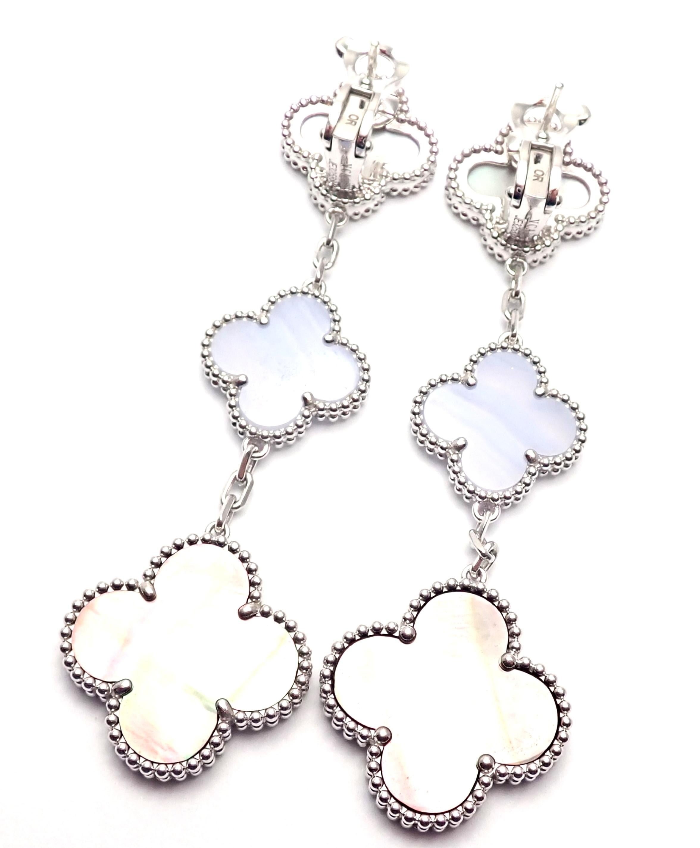 Van Cleef & Arpels Magic Alhambra Chalcedony Mother of Pearl 3-Motifs Earrings In Excellent Condition In Holland, PA