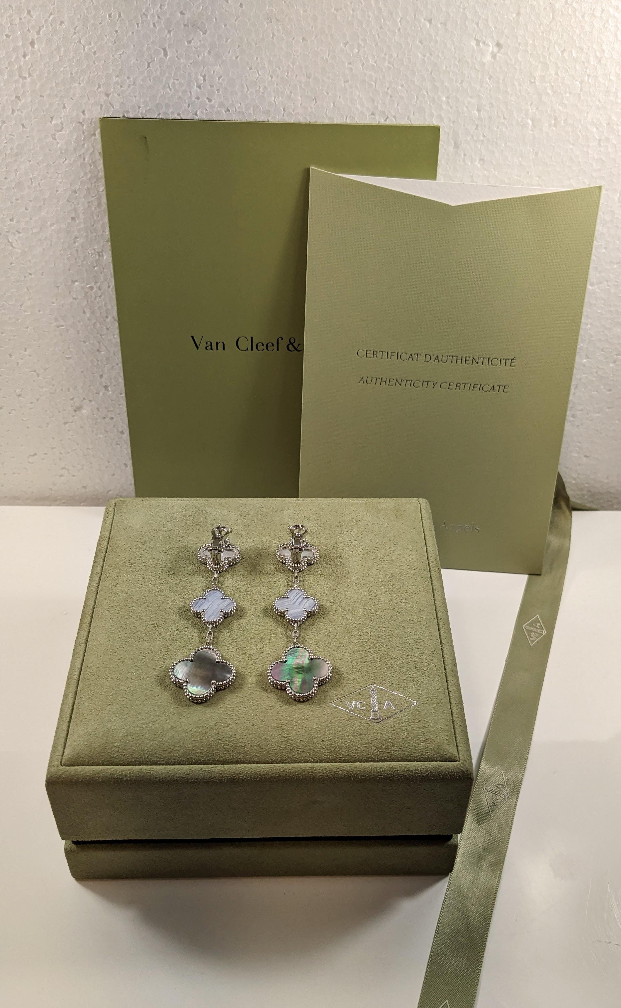Van Cleef & Arpels Magic Alhambra Chalcedony Mother of Pearl 3-Motifs Earrings In Excellent Condition In Bilbao, ES