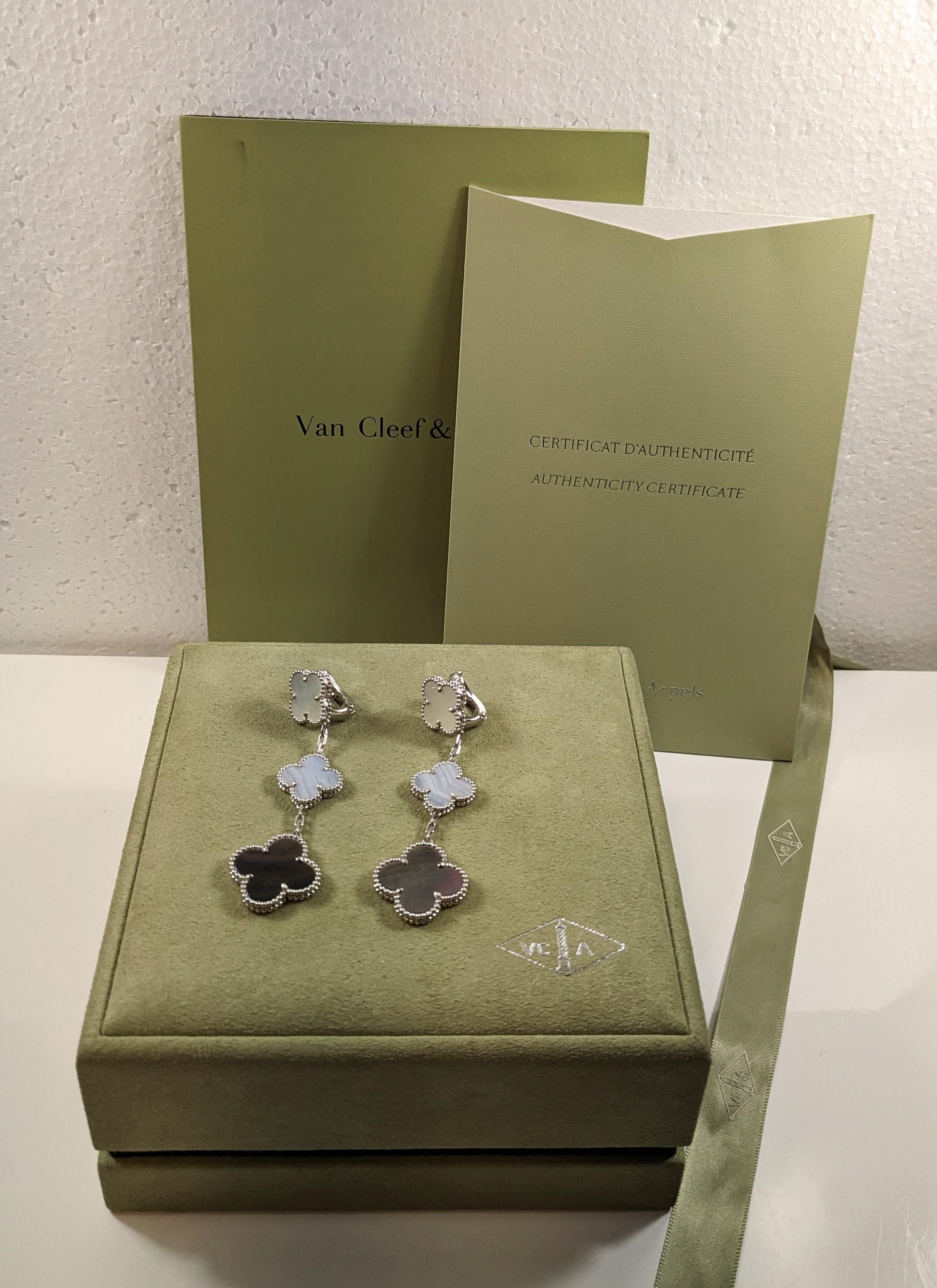 Women's Van Cleef & Arpels Magic Alhambra Chalcedony Mother of Pearl 3-Motifs Earrings