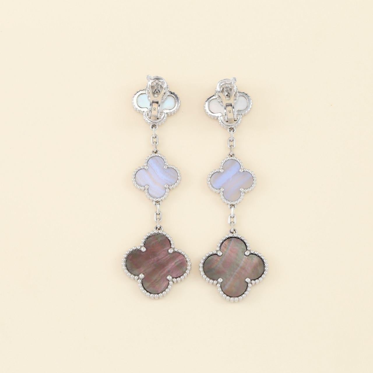 Van Cleef & Arpels Magic Alhambra Chalcedony Mother of Pearl Long Earrings In Excellent Condition In Banbury, GB