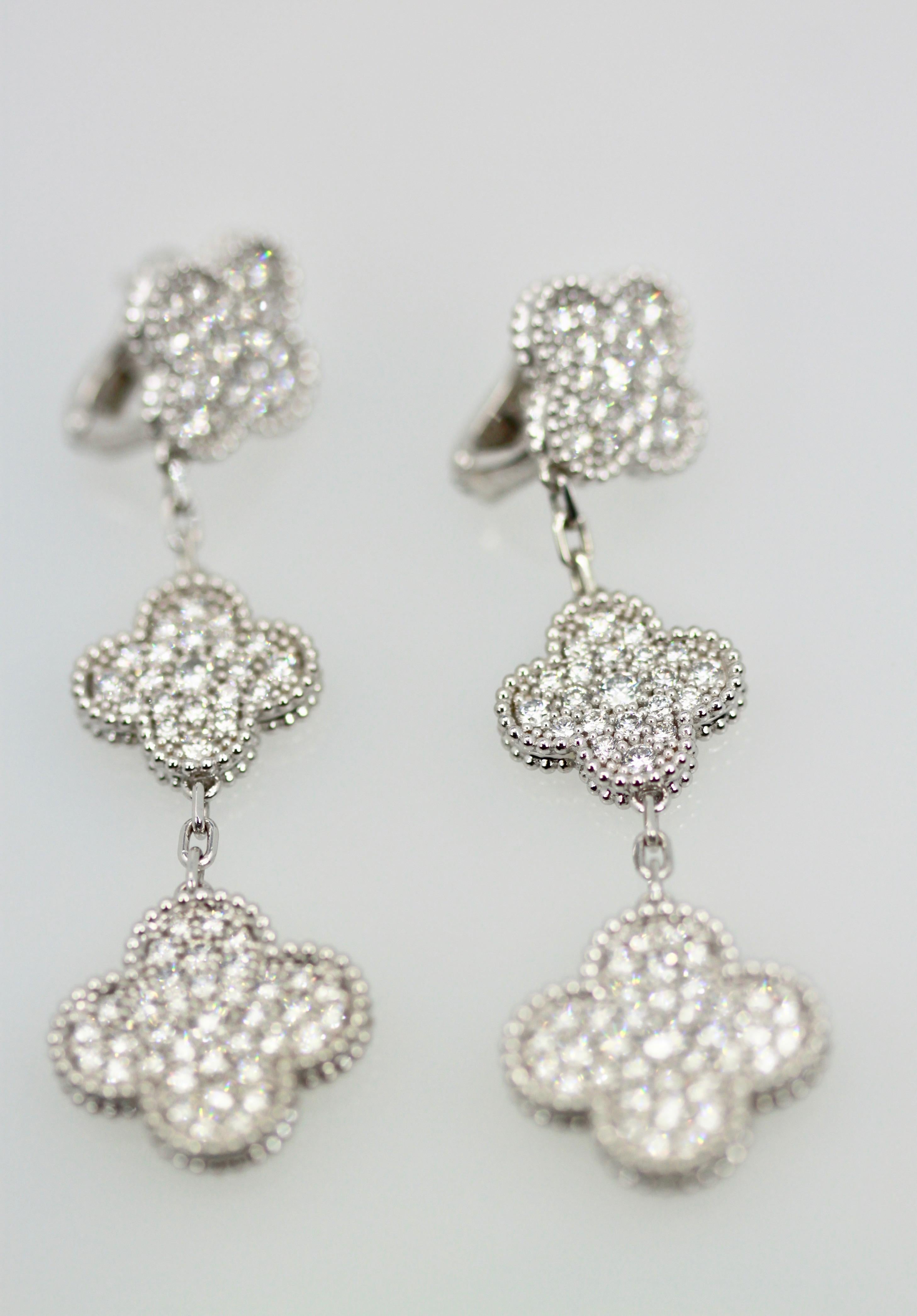 Women's or Men's Van Cleef & Arpels Magic Alhambra Diamond 3 Clover Earrings