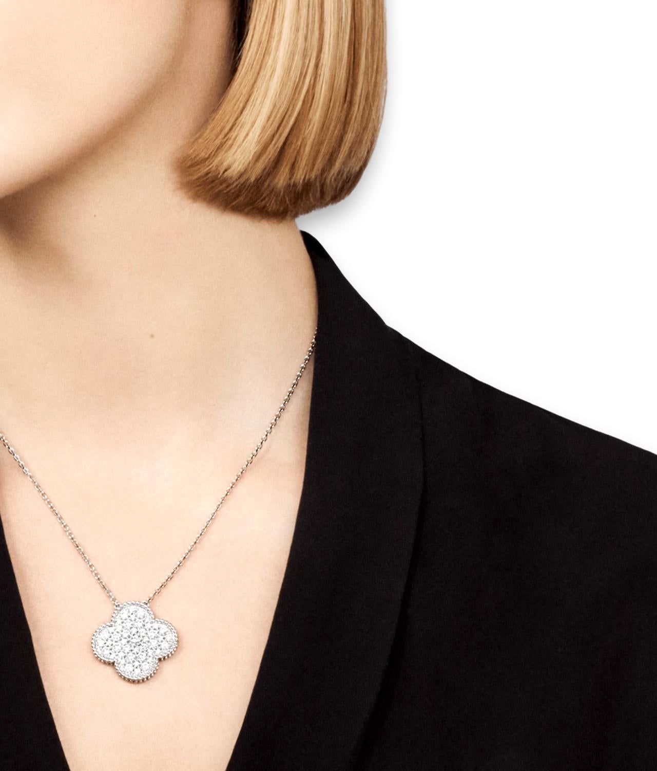 Round Cut Van Cleef & Arpels Magic Alhambra Diamond Big Pendant Necklace