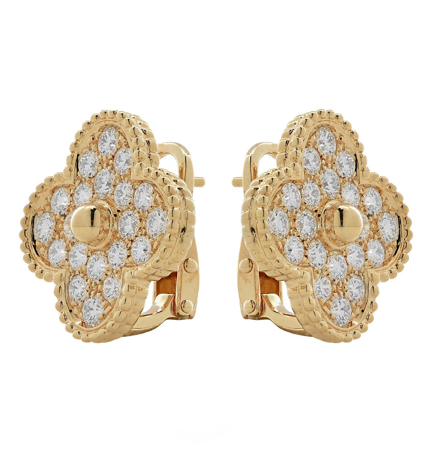 From the legendary House of Van Cleef & Arpels, these iconic Magic Alhambra earrings, finely crafted by hand in 18 karat yellow gold, are studded with 40 round brilliant cut diamonds weighing approximately 2.22 carats total, D-F color, VVS clarity.