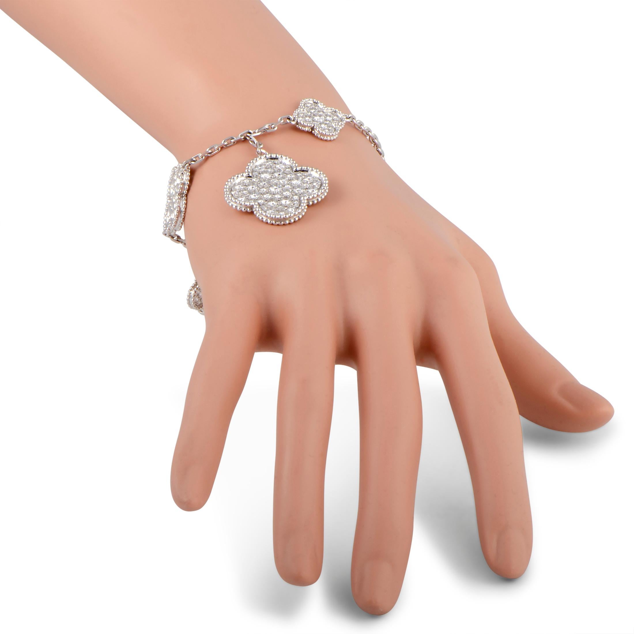 The Van Cleef & Arpels “Magic Alhambra” bracelet is made of 18K white gold and weighs 22.7 grams, measuring 6.50” in length. The bracelet is set with a total of 5.64 carats of diamonds that boast EF color and VVS clarity.

This jewelry piece is