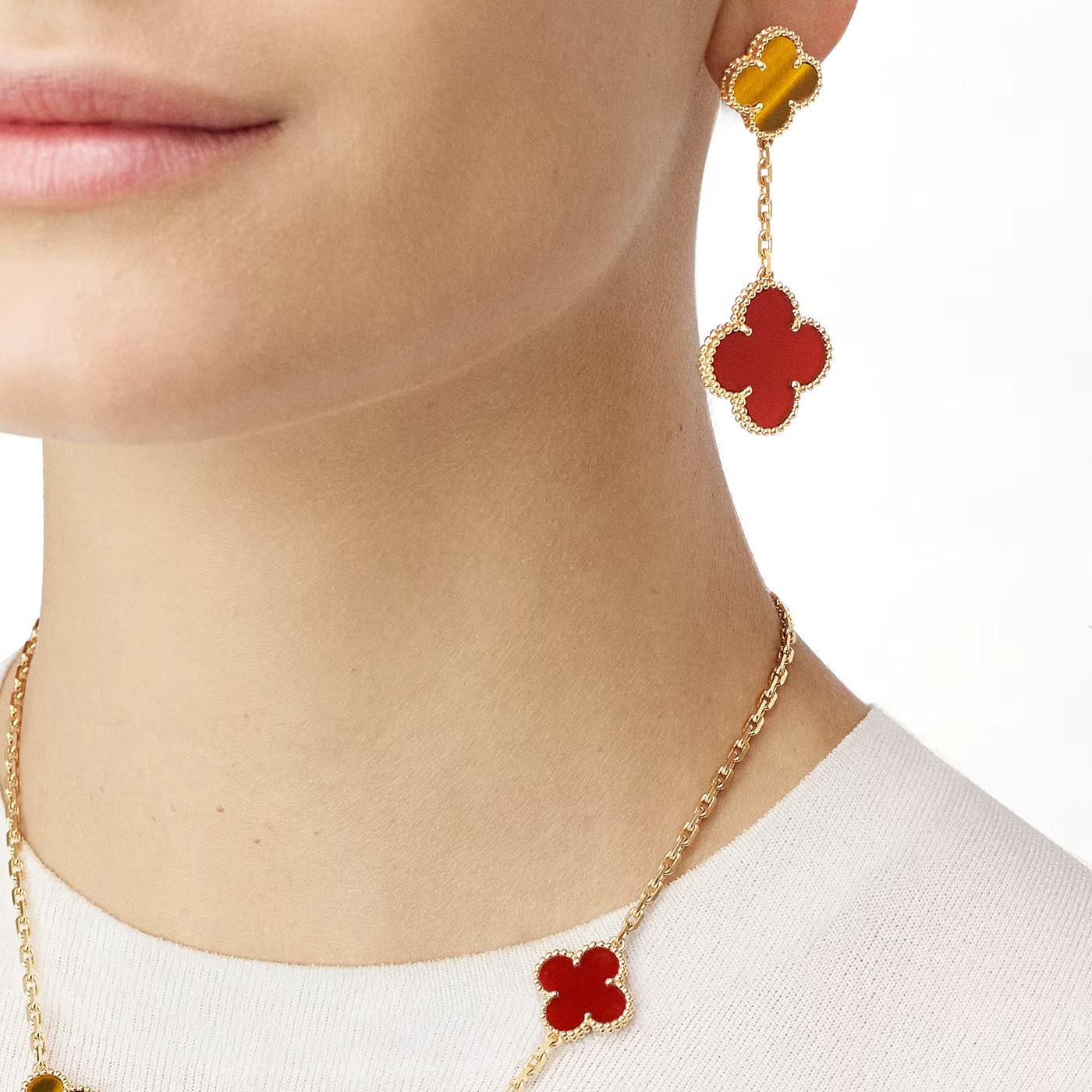 Van Cleef & Arpels Magic Alhambra Earrings 2 Motifs In 18K Yellow Gold In Excellent Condition For Sale In Aventura, FL