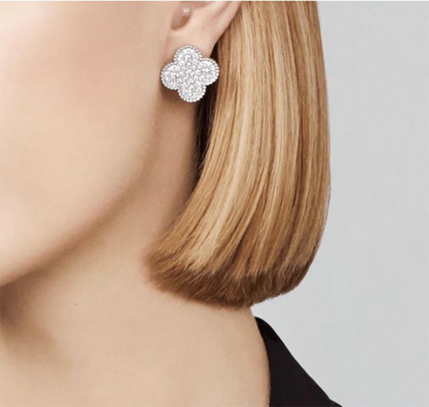 Brilliant Cut Van Cleef & Arpels Magic Alhambra Diamond Pave Earrings set in 18k White Gold