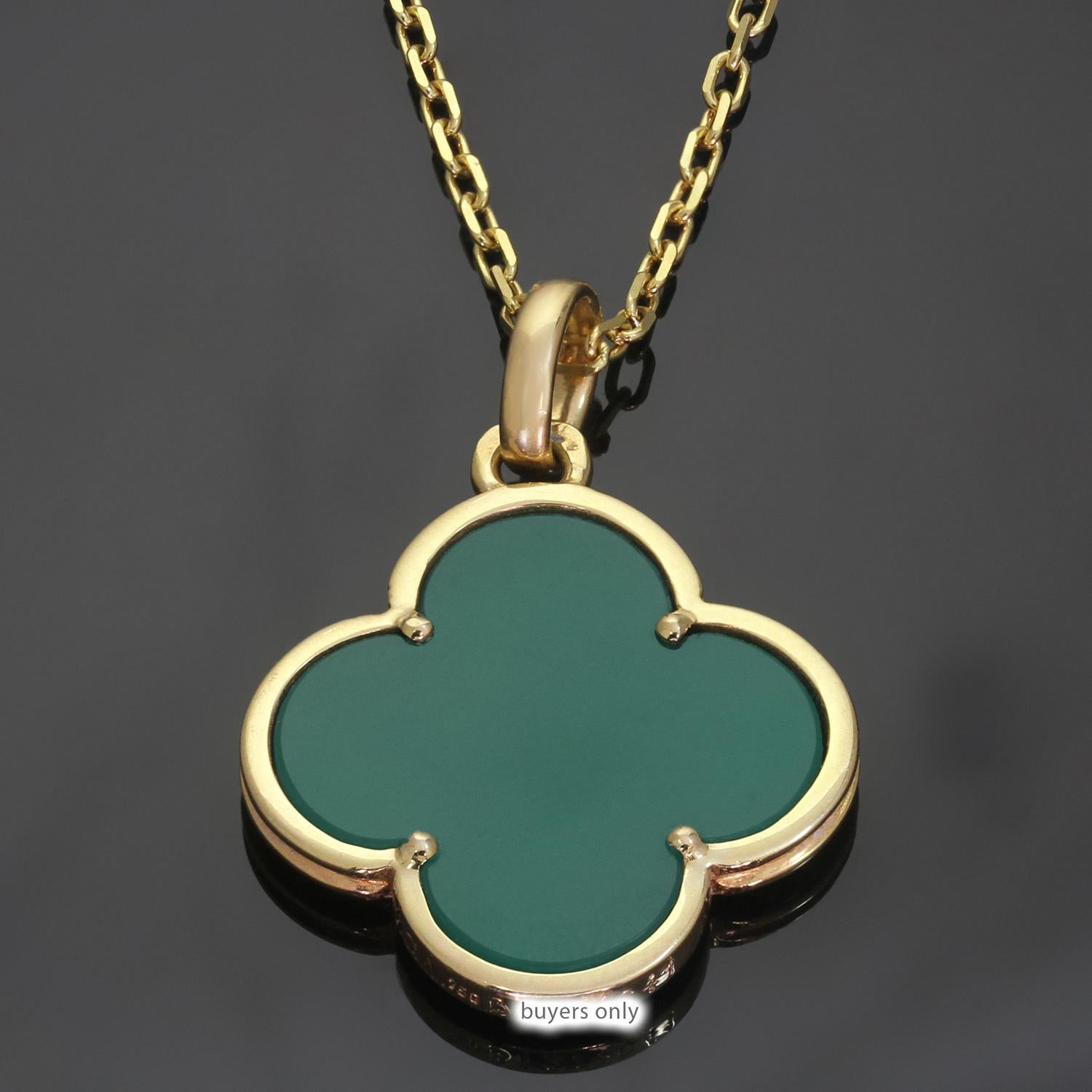 This elegant Van Cleef & Arpels necklace from the iconic Magic Alhambra collection features a classic lucky clover pendant crafted in 18k yellow gold, set with green chalcedony and completed with an adjustable length chain. Made in France circa