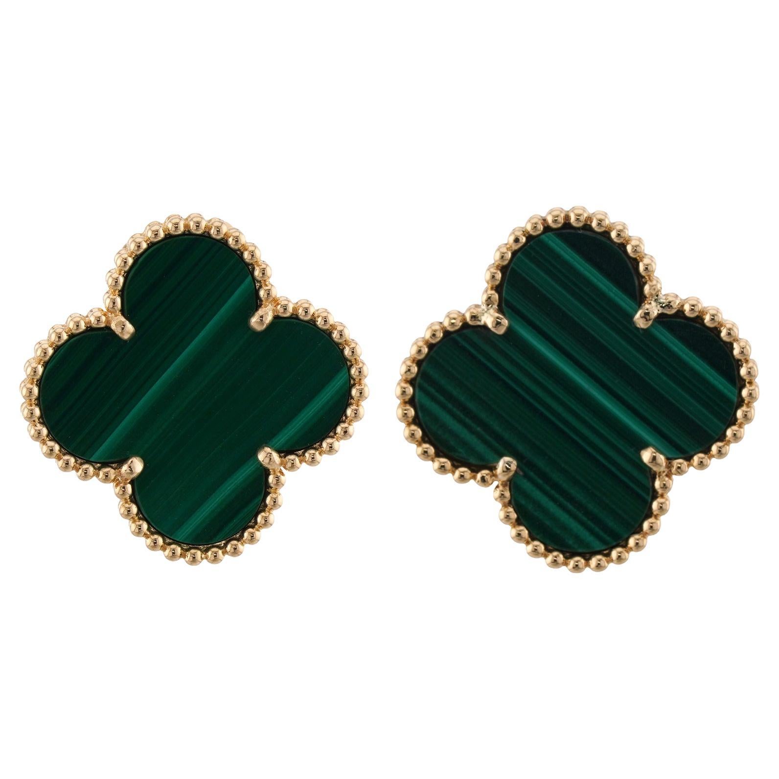 VAN CLEEF & ARPELS Magic Alhambra Green Malachite Yellow Gold Earrings For Sale