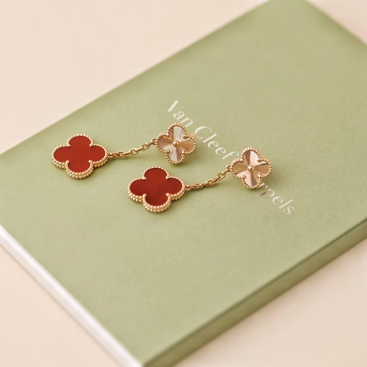 Uncut Van Cleef & Arpels Magic Alhambra Guilloché Carnelian 18K Rose Gold Earrings