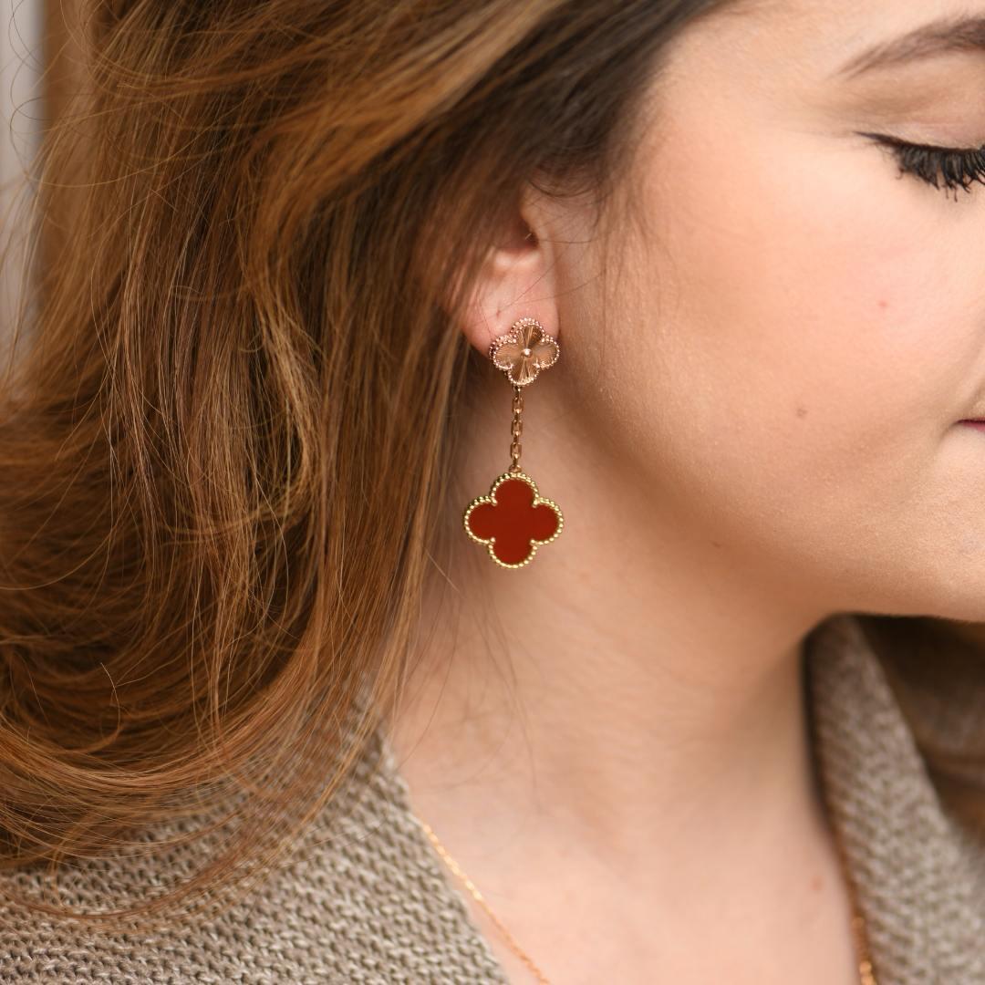 Modern Van Cleef & Arpels Magic Alhambra Guilloché Carnelian 18K Rose Gold Earrings