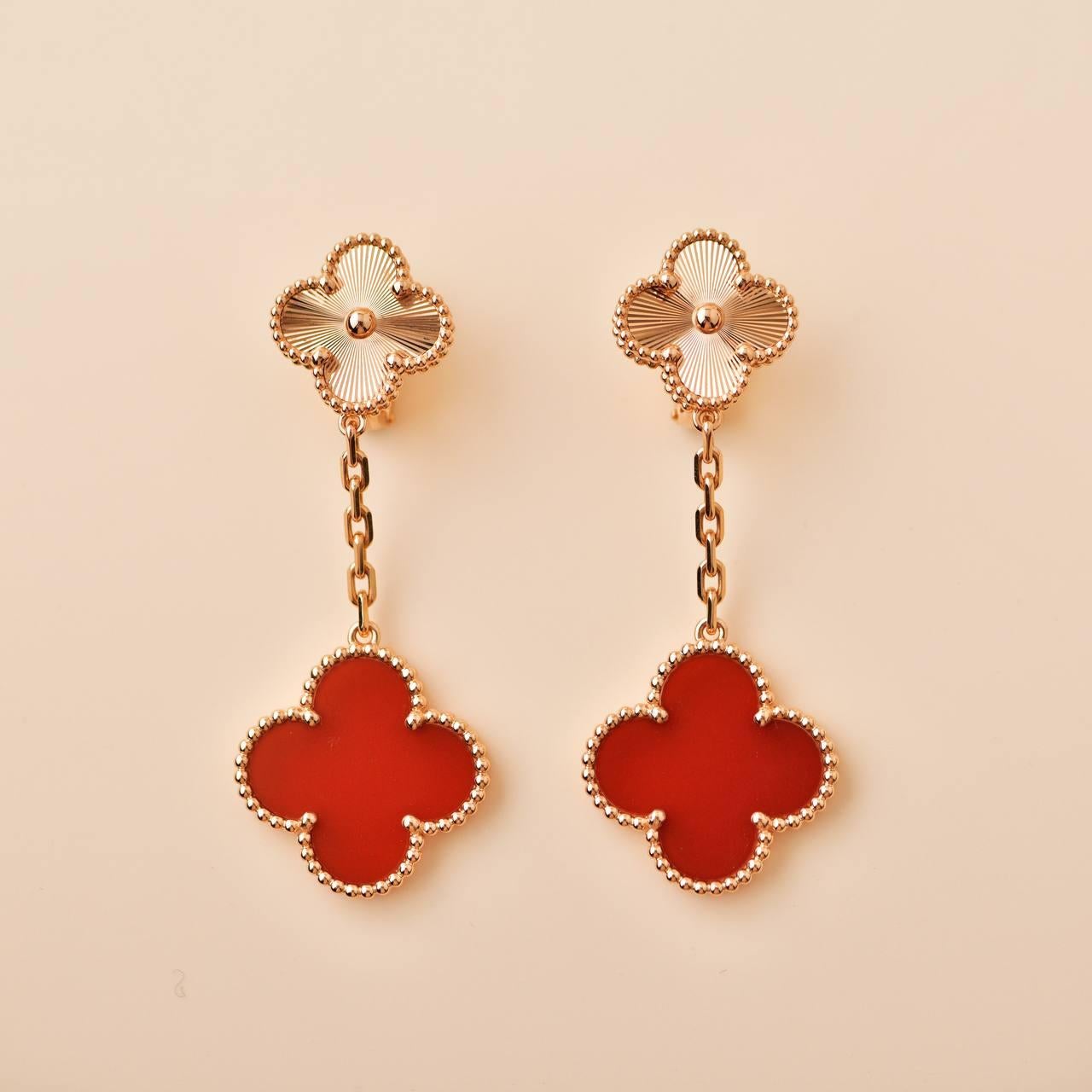 Van Cleef & Arpels Magic Alhambra Guilloché Carnelian 18K Rose Gold Earrings In Excellent Condition In Banbury, GB