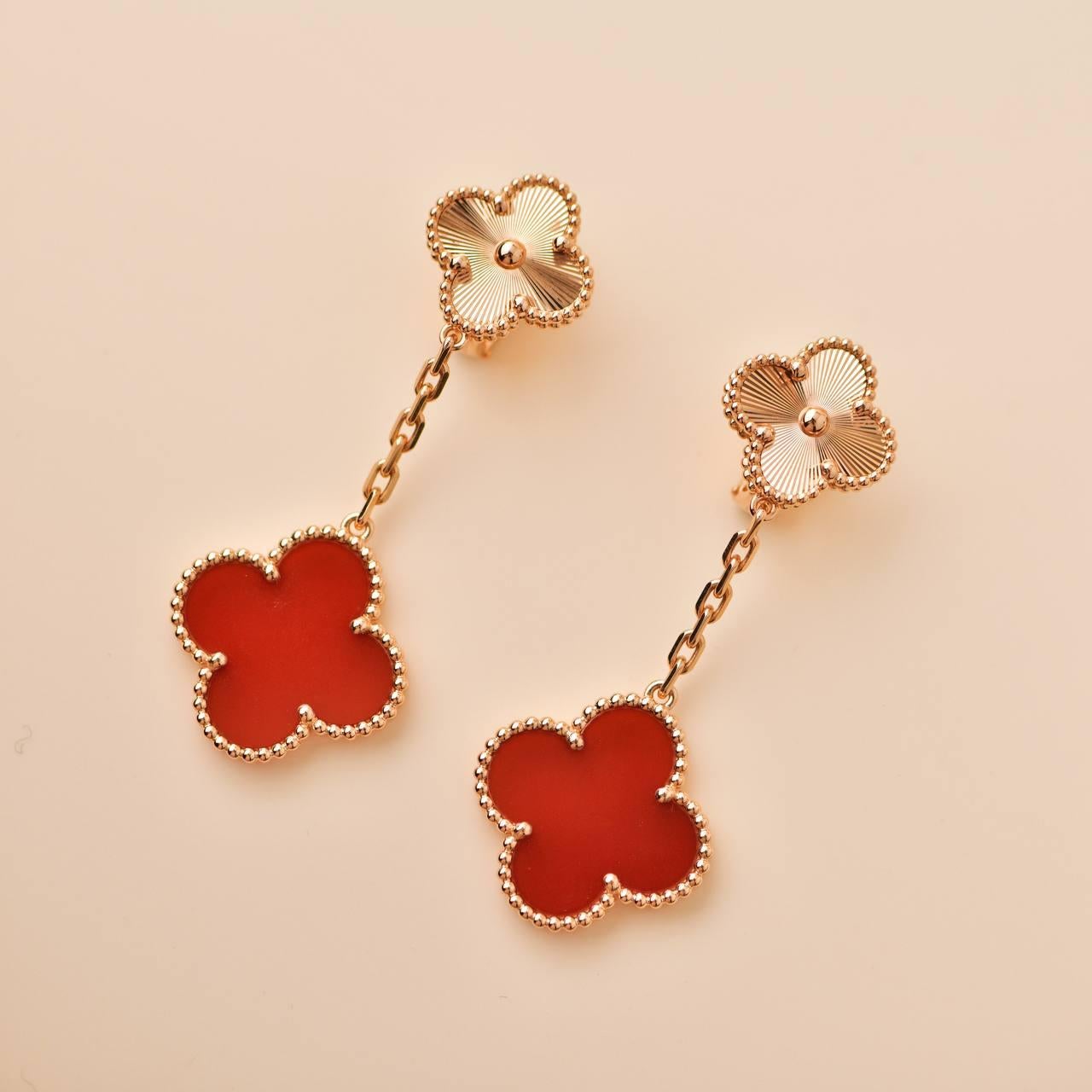 Women's or Men's Van Cleef & Arpels Magic Alhambra Guilloché Carnelian 18K Rose Gold Earrings