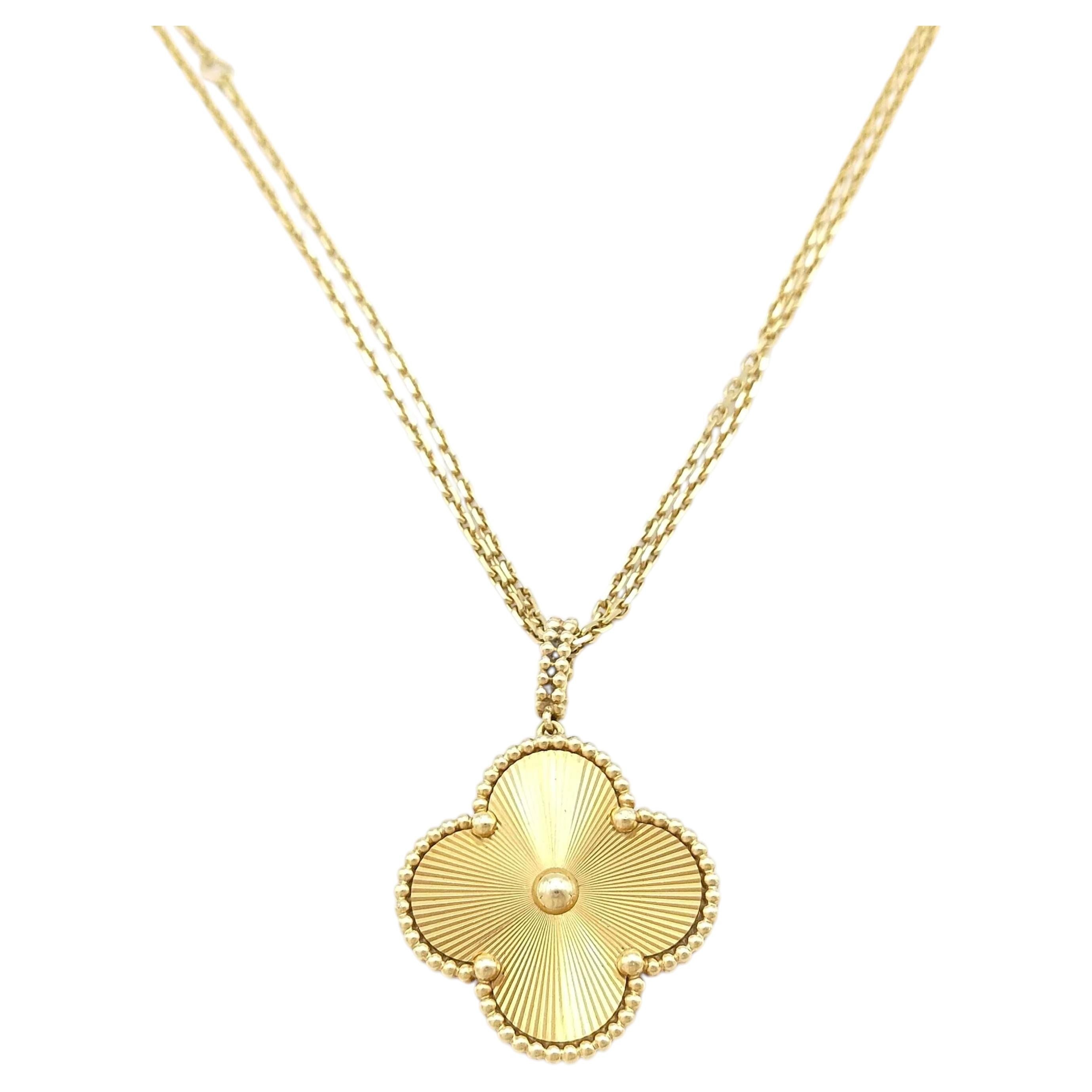 Van Cleef & Arpels Magic Alhambra Guilloche Long Yellow Gold Pendant Necklace For Sale
