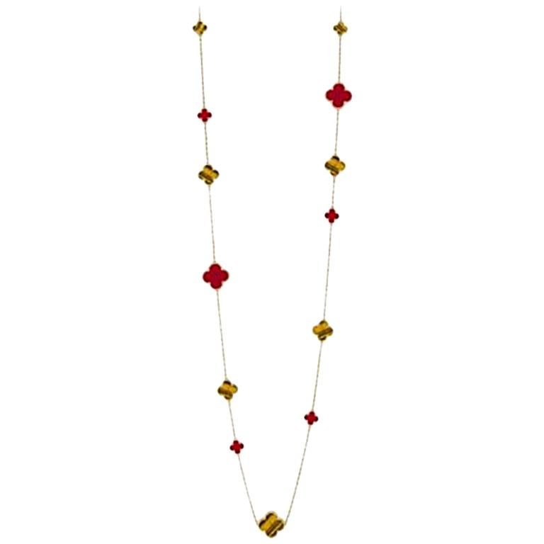 Van Cleef & Arpels Magic Alhambra Long Motifs Yellow Gold Carnelian Necklace For Sale