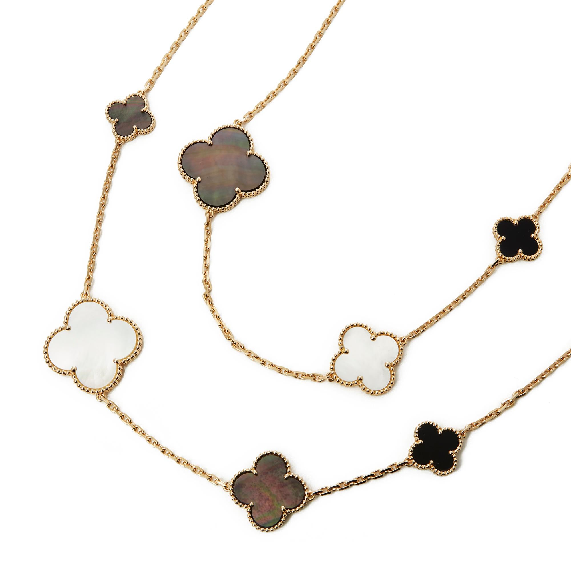 This necklace by Van Cleef & Arpels is from their Magic Alhambra collection and features 16 clover shaped motifs in a combination of onyx and mother of pearl. Complete with Van Cleef & Arpels box, certificate and purchase documents. Our Xupes