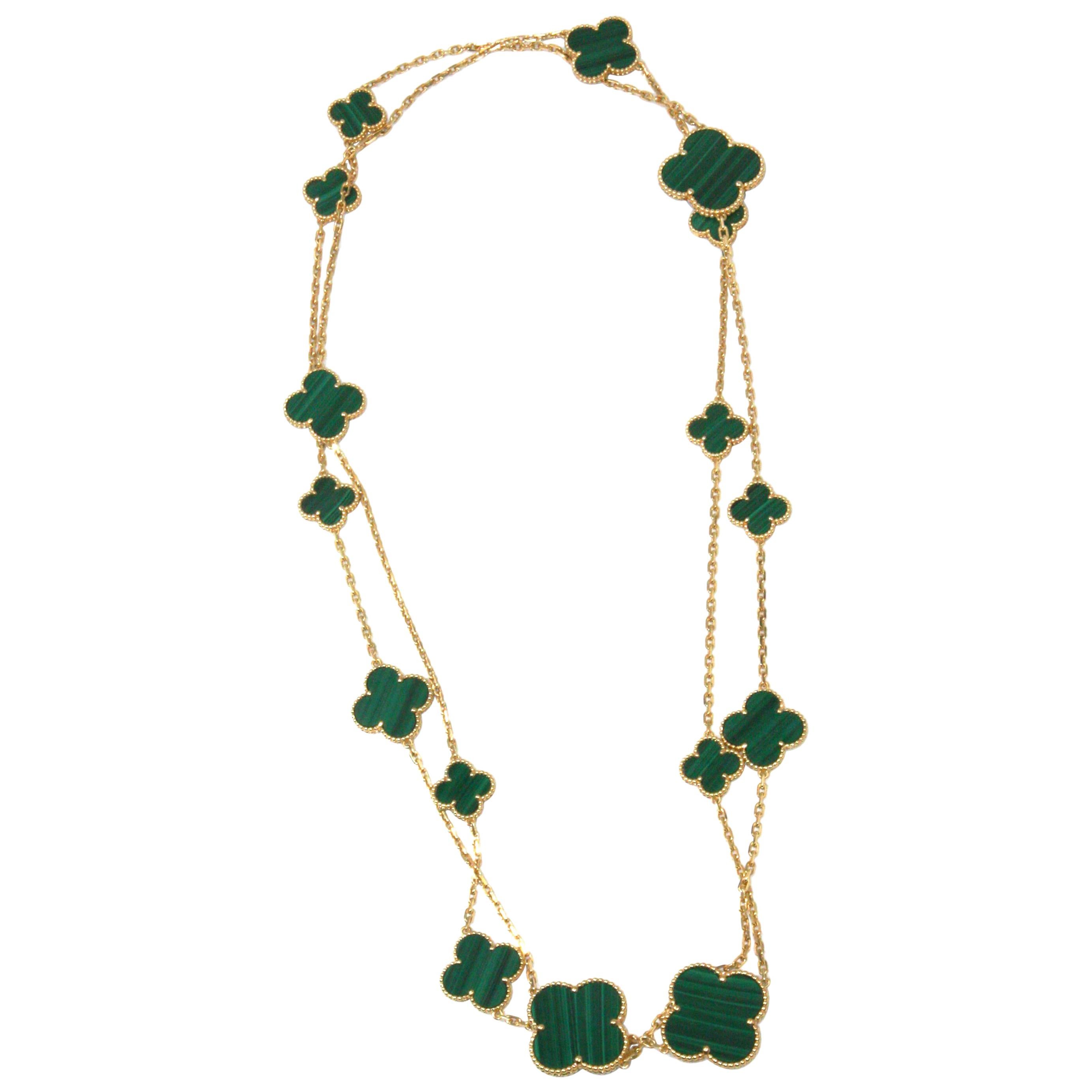 Van Cleef & Arpels Magic Alhambra Long Necklace, 16 Motifs Yellow Gold Malachite For Sale