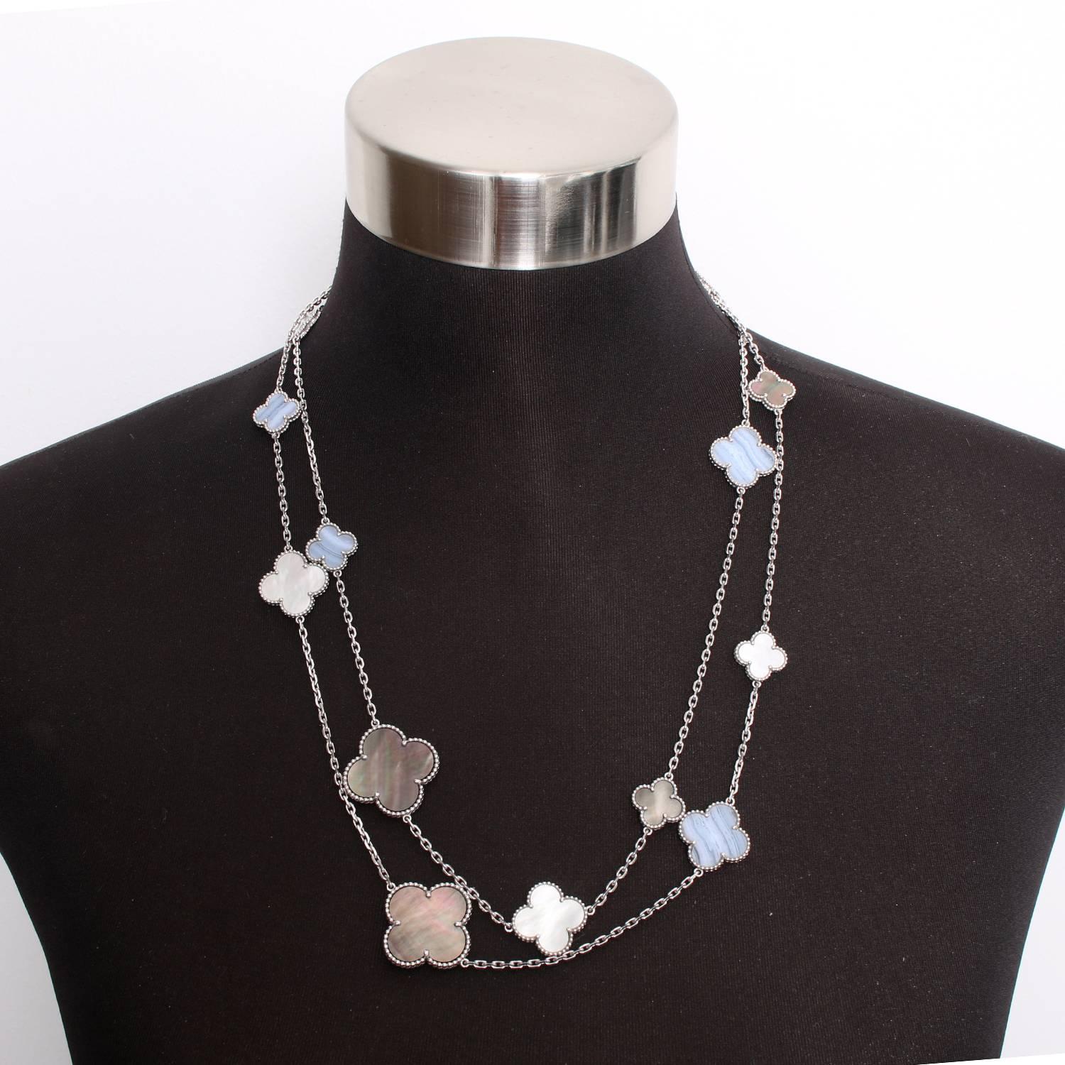 Van Cleef & Arpels Magic Alhambra Long Necklace  - White Gold necklace with Van Cleef & Arpels clover motif in White & gray Mother of Pearl and Chalcedony. Chain length 48 inches. Can be worn as a single strand or double. Pre-owned with box and