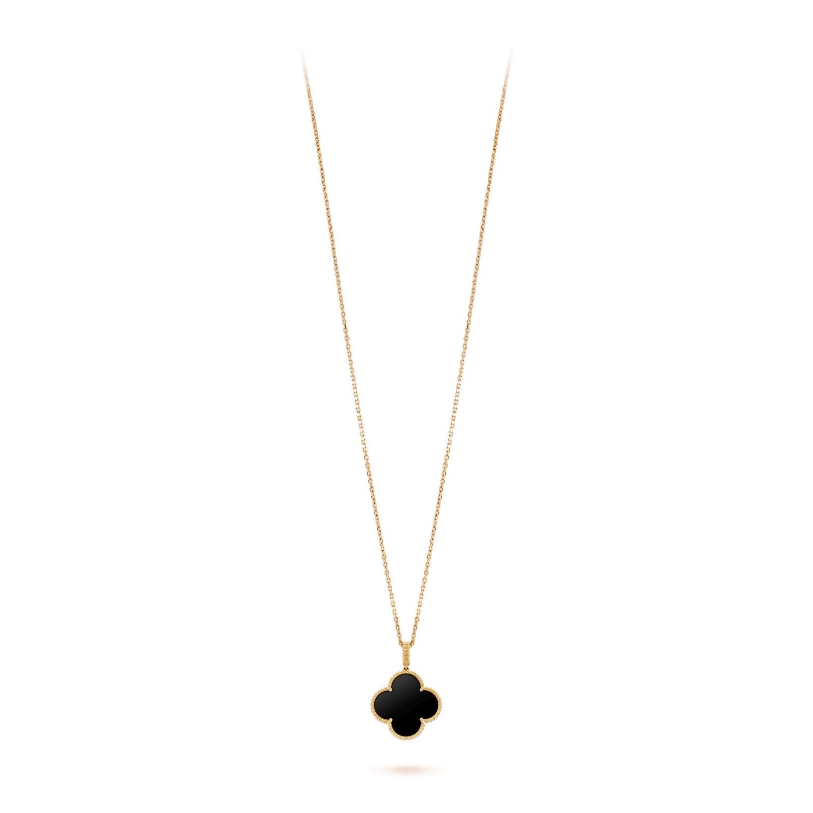This iconic design is crafted in 18k yellow gold. The famed Alhambra design is thought to derive luck from these magical charms.  This single motif long necklace is truly exceptional. the necklace measures 35.43