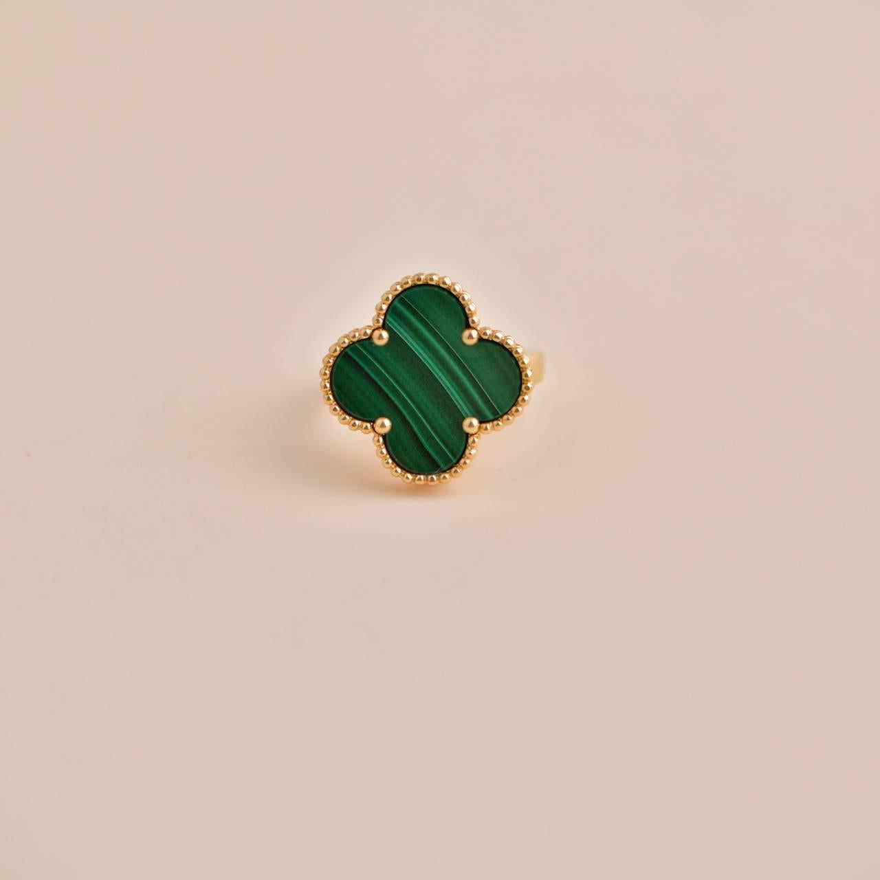 Van Cleef & Arpels Magic Alhambra Malachite 18K Yellow Gold Ring Size 52 2