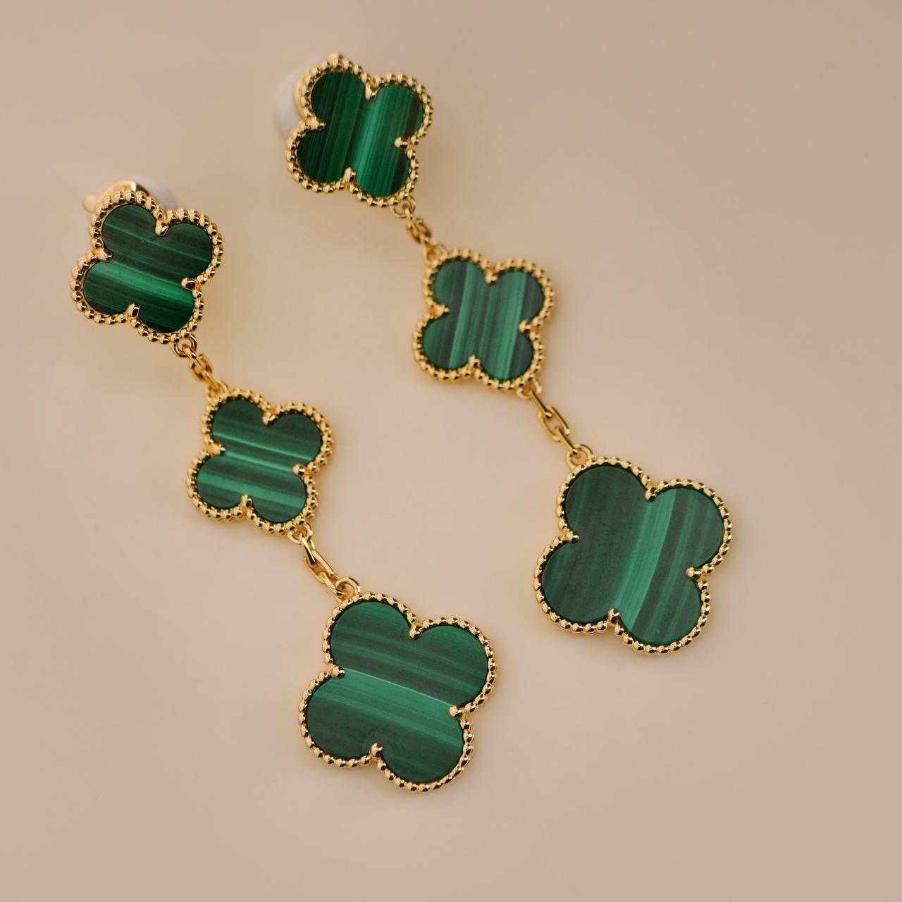 Uncut Van Cleef & Arpels Magic Alhambra Malachite 3 Motifs Yellow Gold Earrings