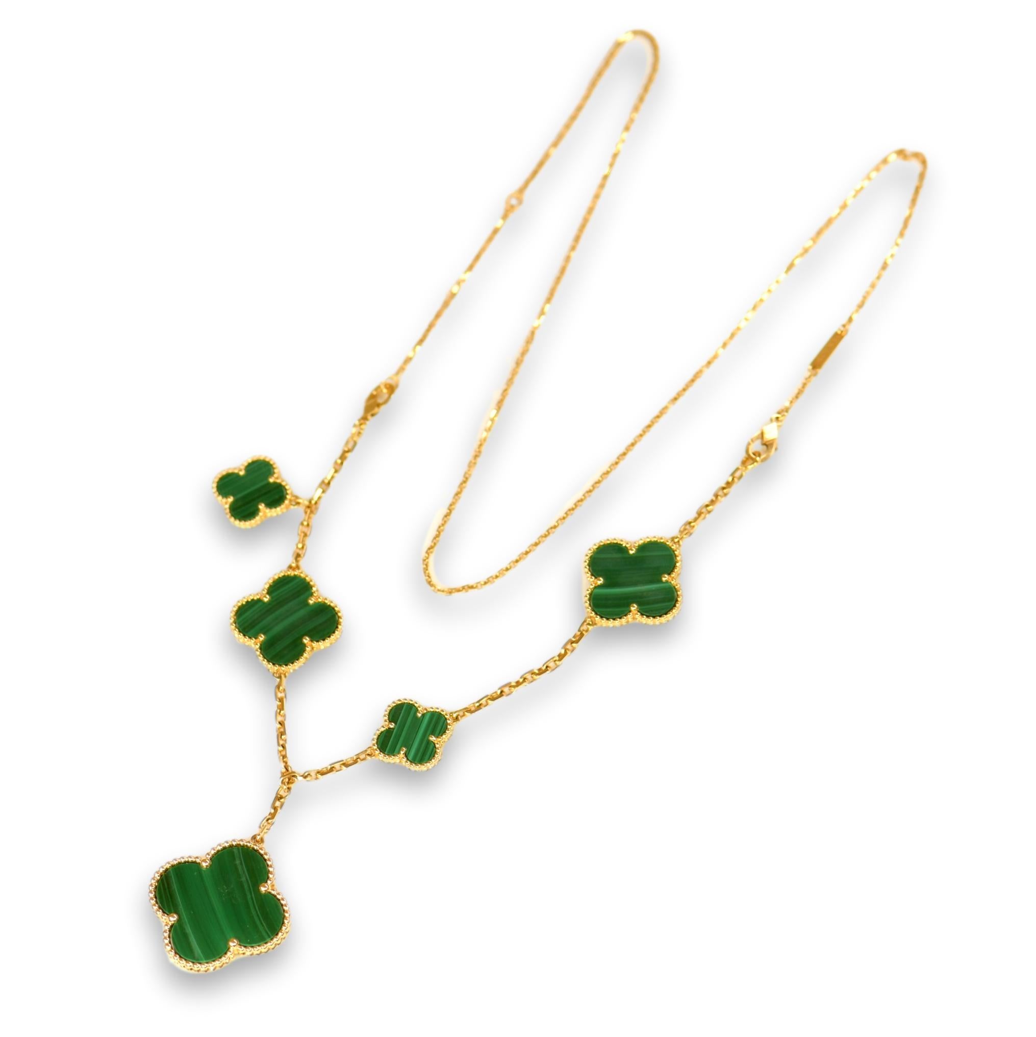 Alhambra is VCA's signature design and the Malachite makes it even more special. This is a limited rare piece. You won't find them on market very often.

It also comes with a 46cm 18k gold VCA chain with serial number which means you can also wear