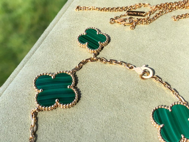 18K Yellow Gold Van Cleef & Arpels Vintage Alhambra 20 Motifs Necklace with  Diamonds and Malachites
