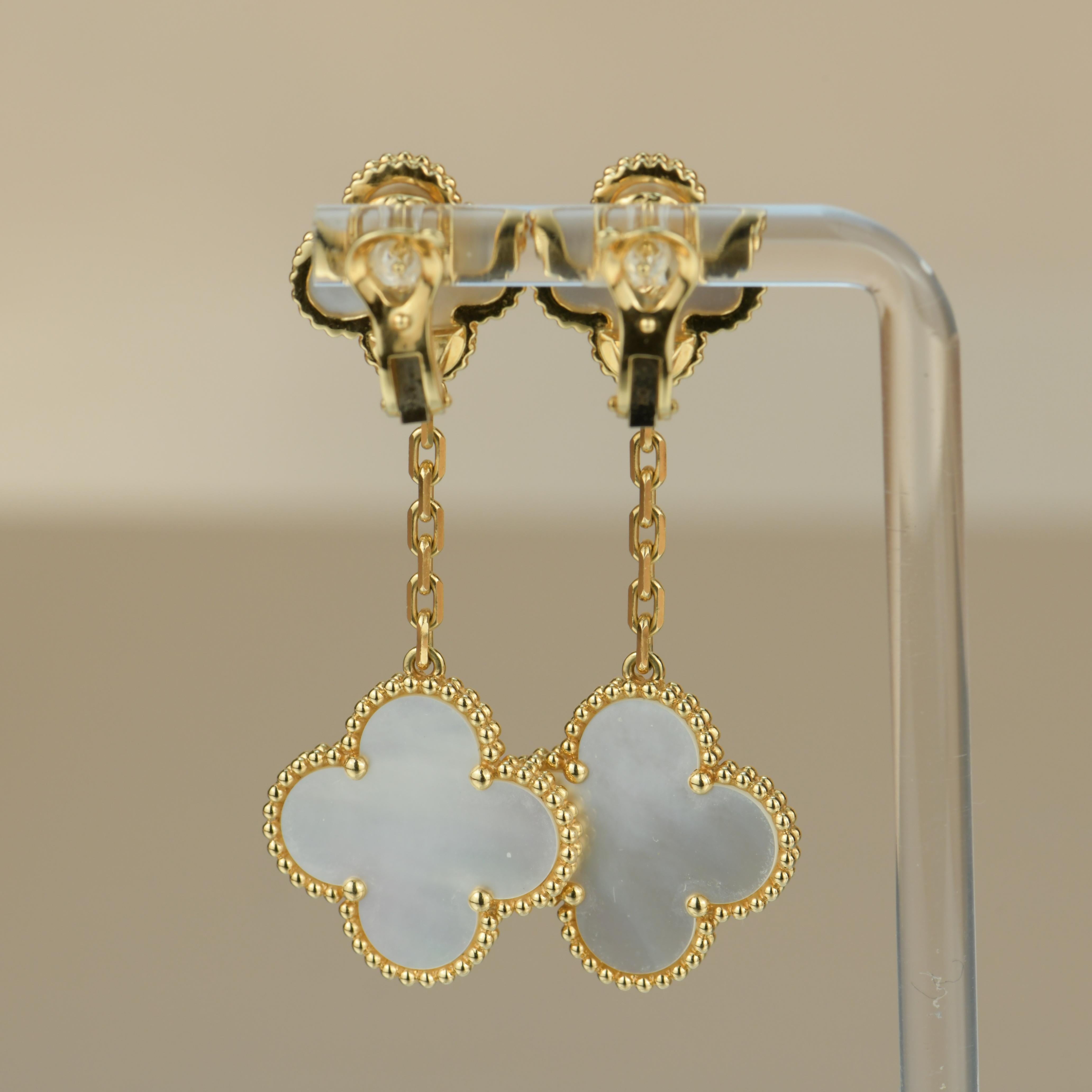 Van Cleef & Arpels Magic Alhambra Mother of Pearl Gold Earrings In Excellent Condition In Banbury, GB