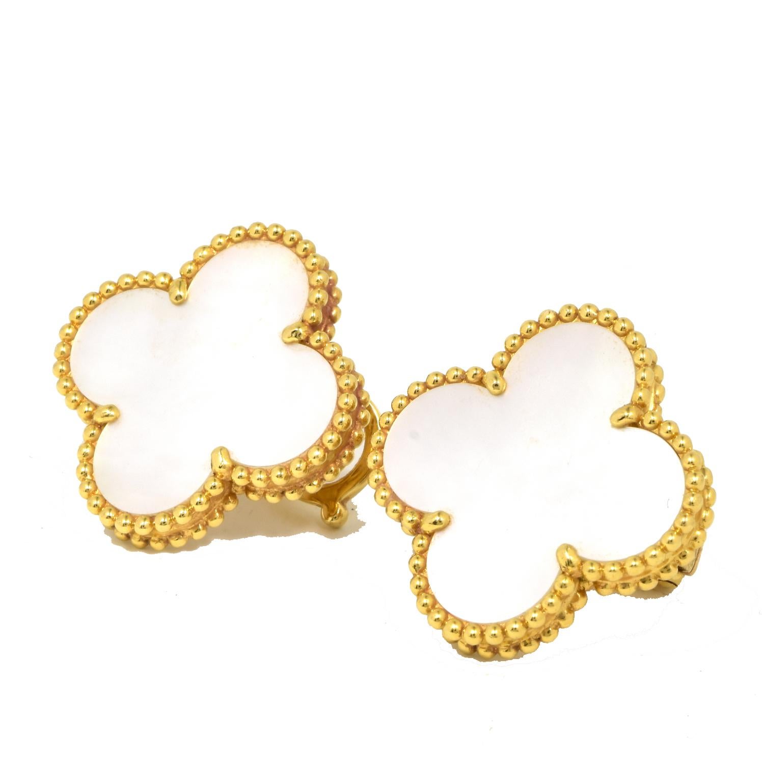 Designer:  Van Cleef & Arpels 

​​​​​​​Collection:  Magic Alhambra

Style:  Motif Earrings

Metal Type: Yellow Gold 

Metal Purity: 18k

Stone:  White Mother of Pearl 

Earring Size : Large

Earring Dimensions: 0.75 x 0.75 inches

Earring System :