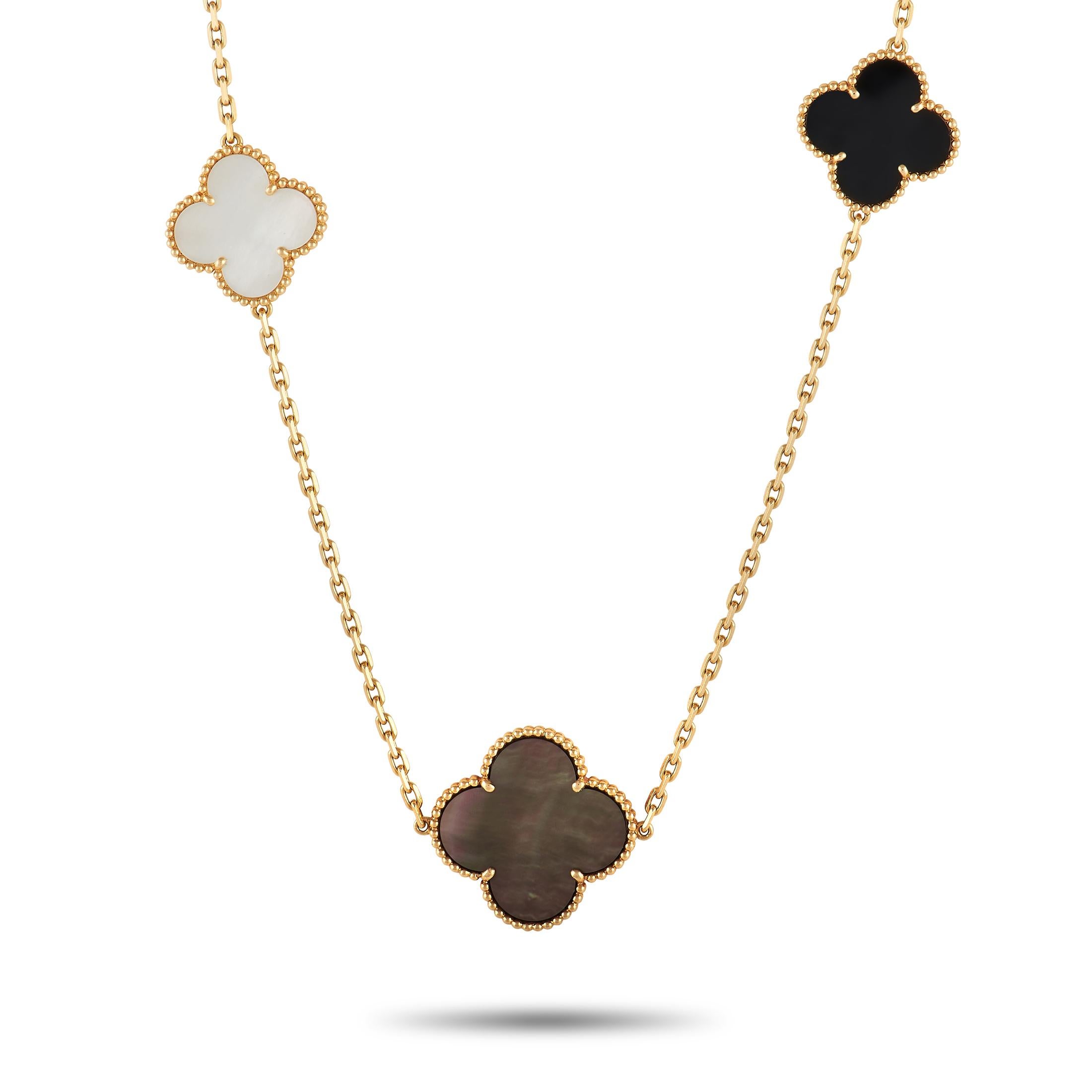 Add luxury to any ensemble with the help of this stunning 18K Yellow Gold Van Cleef & Arpels Magic Alhambra necklace. This elegant showpiece features a dramatic 48” chain that is accented by 16 of the brand’s iconic clover motifs. The inclusion of