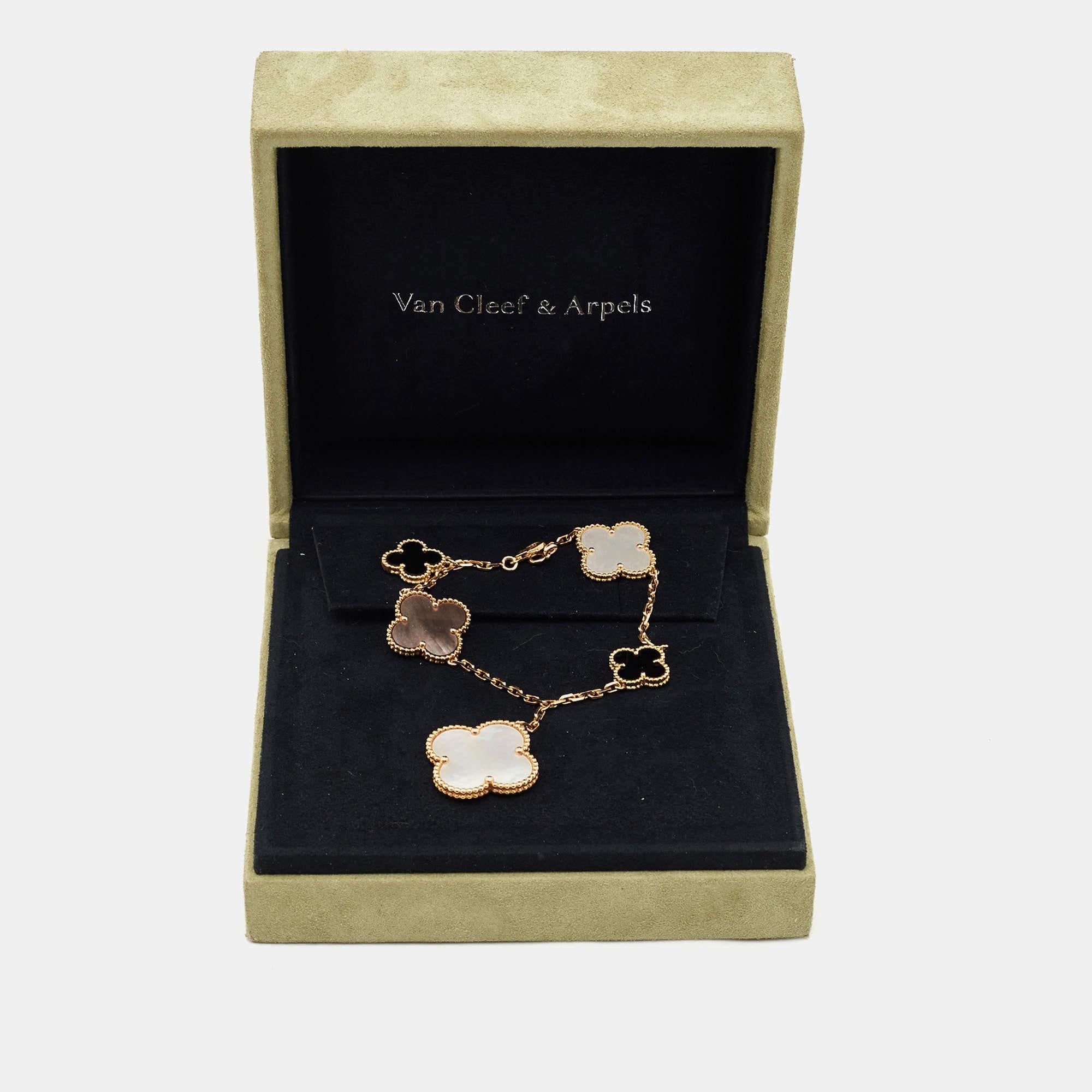 The Van Cleef & Arpels Magic Alhambra bracelet is an exquisite piece of jewelry crafted with meticulous attention to detail. Made from 18k yellow gold, this bracelet features the iconic Alhambra motif adorned with shimmering mother of pearl and