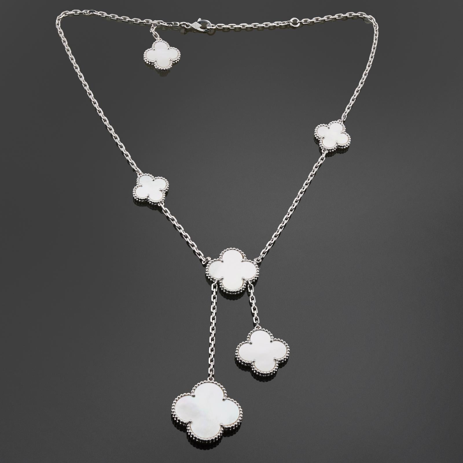 This exquisite Van Cleef & Arpels necklace from the iconic Magic Alhambra collection features a 6-motif design of beaded clovers crafted in 18k white gold and set with Mother-of-Pearl. Made in France circa 2024. Measurements: 0.82