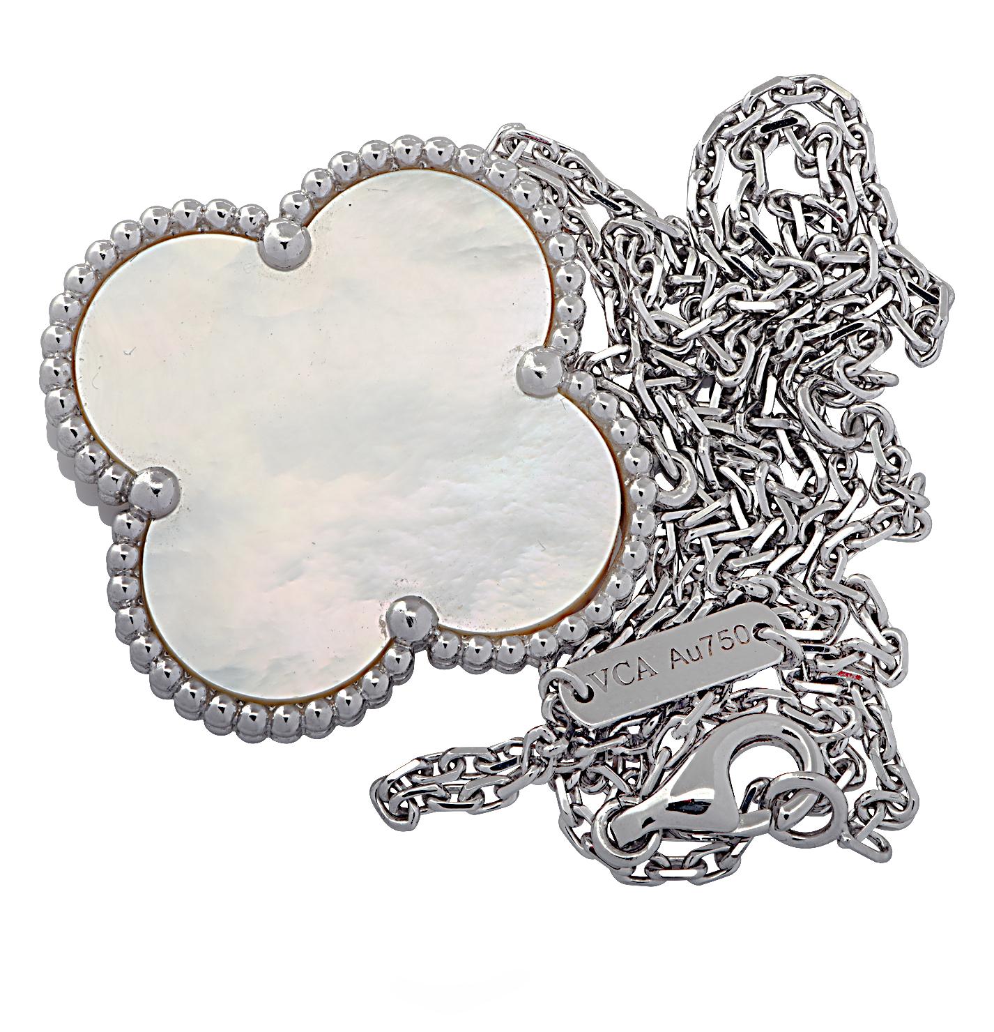 From the legendary house of Van Cleef & Arpels, this Magic Alhambra Mother of Pearl Pendantlarge model is finely crafted in 18 karat white gold, and features a single iconic extra-large mother of pearl clover measuring 1.04 inches in width and 1.04