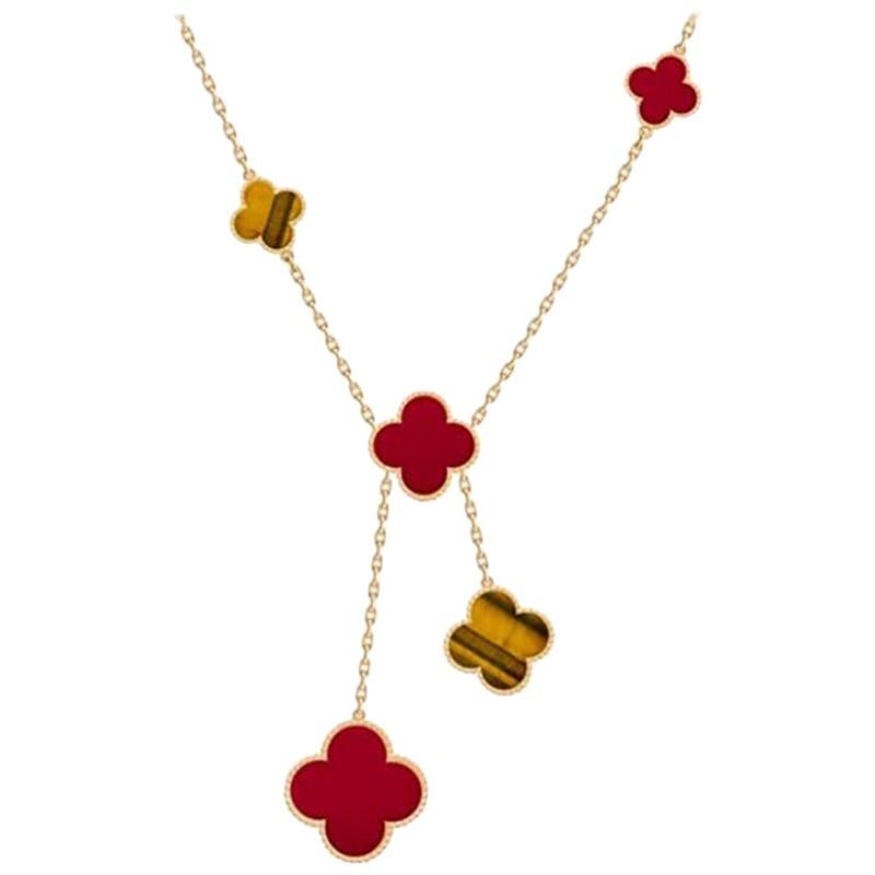 Van Cleef & Arpels Magic Alhambra Motifs Yellow Gold Tiger Eye Necklace For Sale