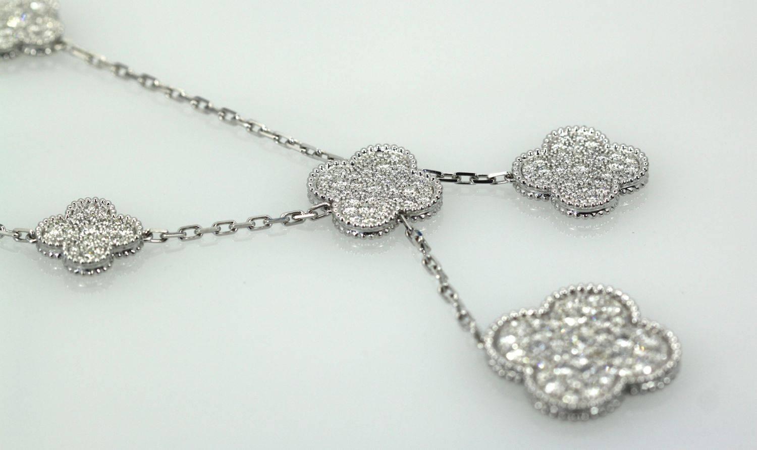 This fabulous VCA Necklace is new worn only a few times and purchased in Beverly Hills in June of 2017.  This is the Magic 6 Motif Alhambra Necklace and it is gorgeous.  This necklace features round Diamonds totaling 6.17 Carats of DEF, IF to VVS. 
