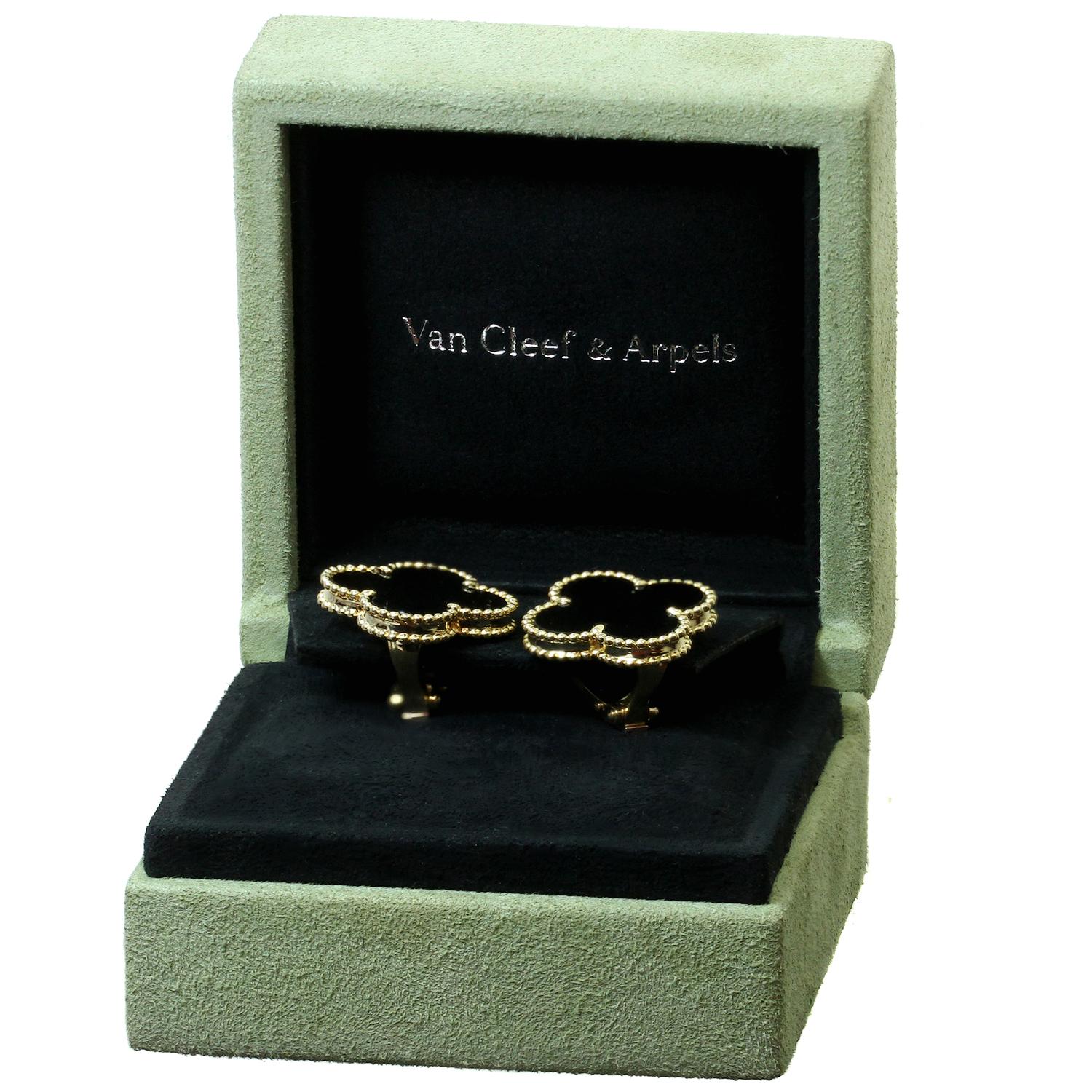 Women's Van Cleef & Arpels Magic Alhambra Onyx 18 Karat Yellow Gold Earrings
