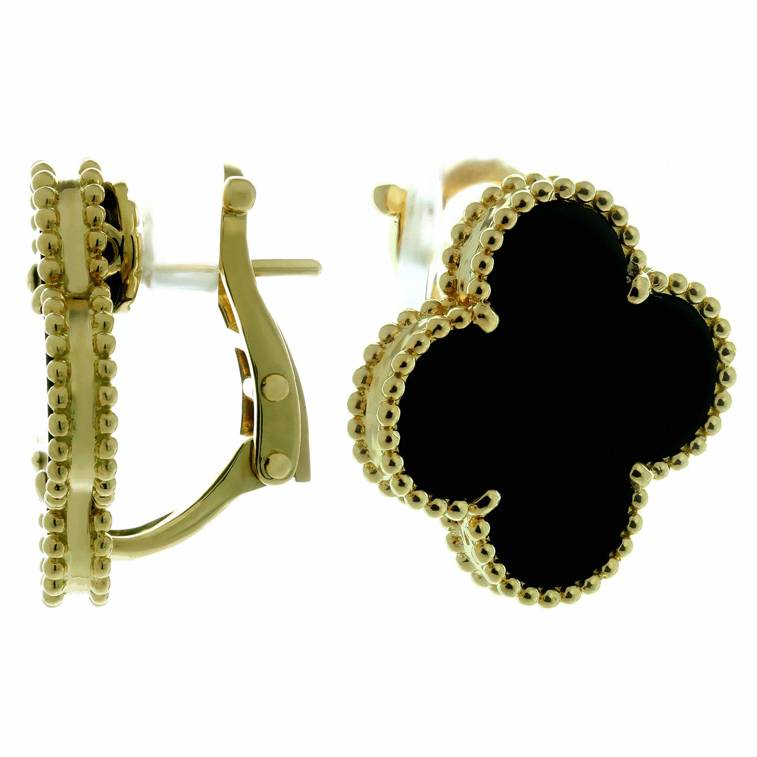 Van Cleef & Arpels Magic Alhambra Onyx 18 Karat Yellow Gold Earrings 2