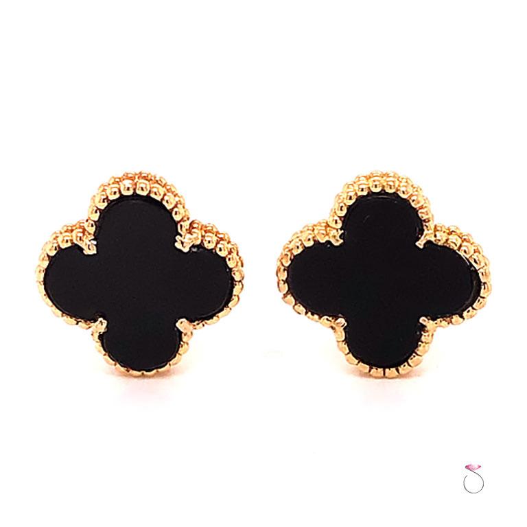 Authentic Van Cleef & Arpels Onyx Magic Alhambra Onyx earrings in 18K yellow gold from the iconic Alhambra collection. These gorgeous earrings with black onyx center and Milgrain outline are just stunning. Light and delicate, the magic Alhambra