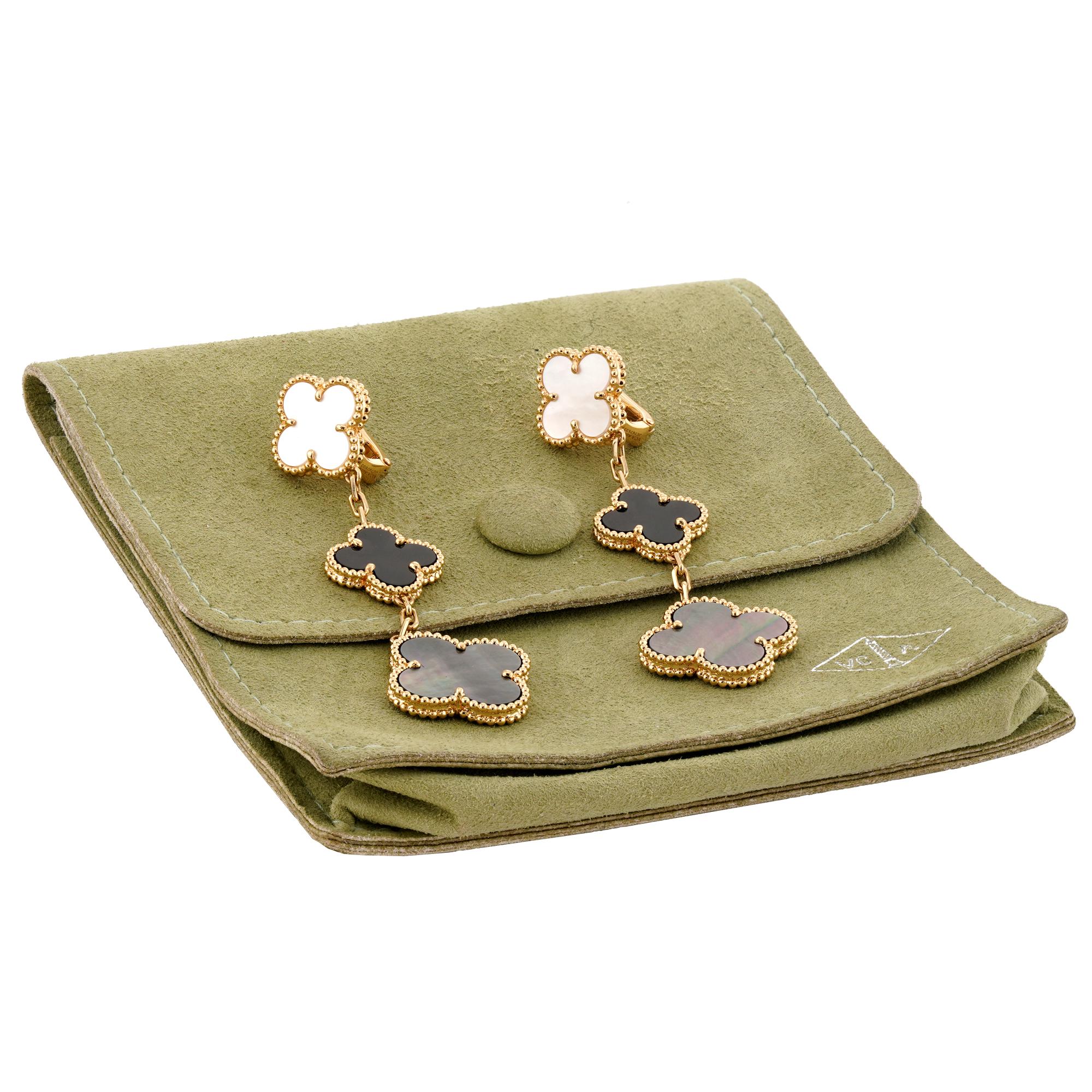 Taglio misto VAN CLEEF & ARPELS Orecchini a 3 motivi in oro giallo Magic Alhambra Onice MOP in vendita
