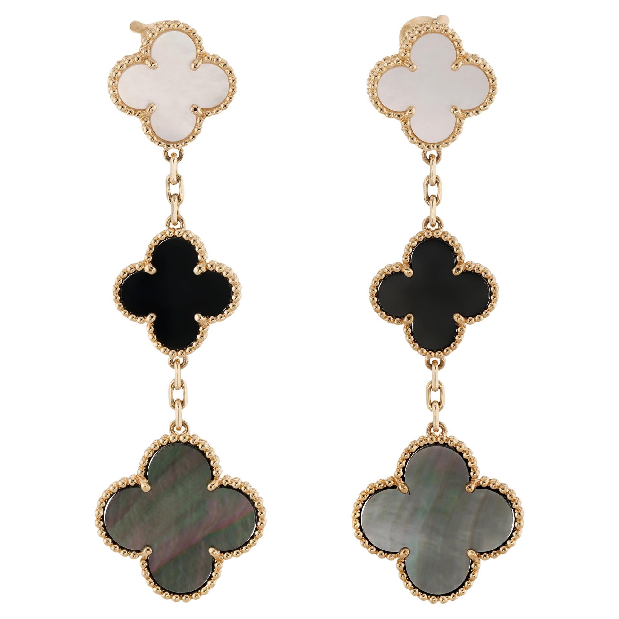 VAN CLEEF 
ARPELS Magic Alhambra Onyx MOP Yellow Gold 3-Motif Earrings