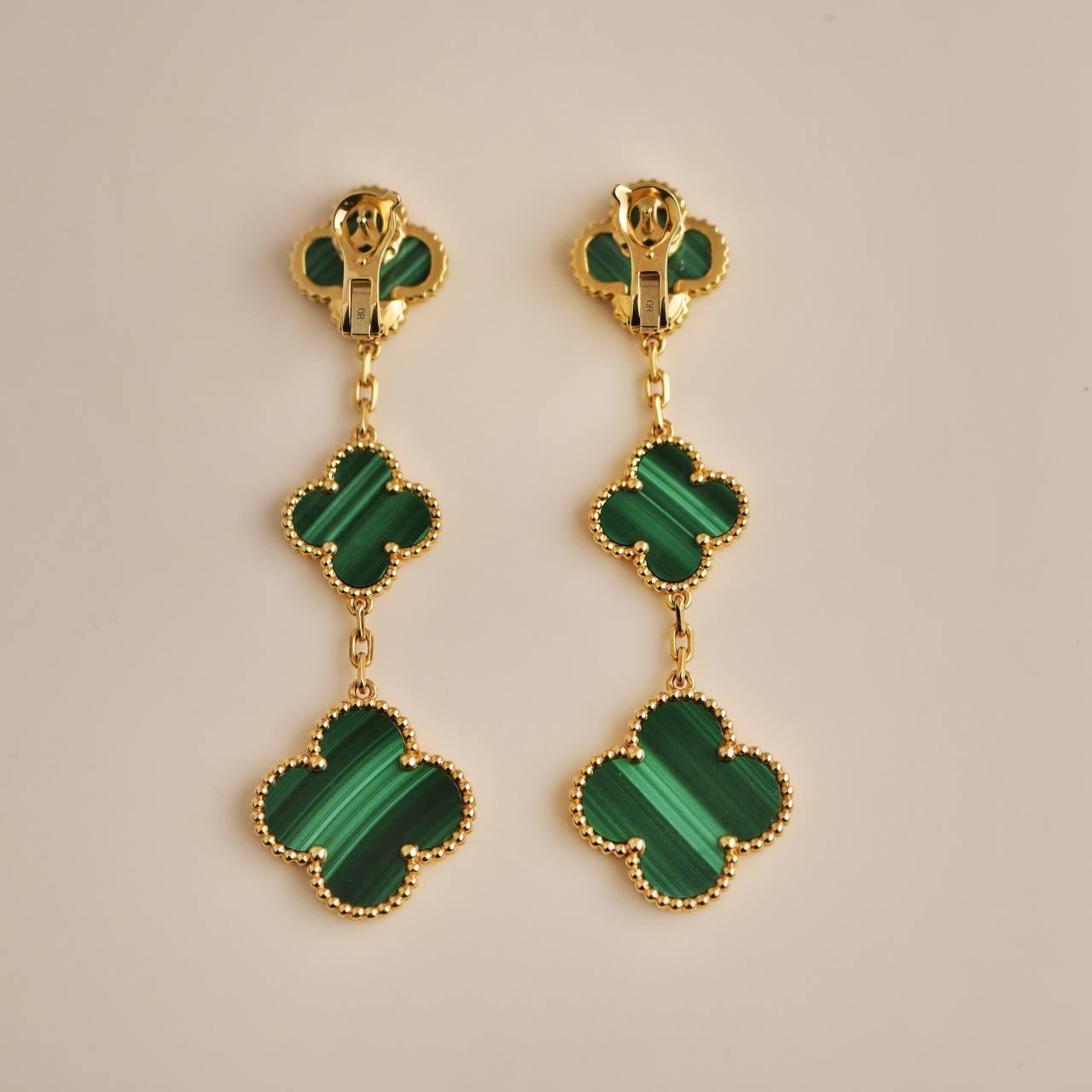 Van Cleef & Arpels Magic Alhambra Three Motifs Malachite Yellow Gold Earrings In Excellent Condition In Banbury, GB