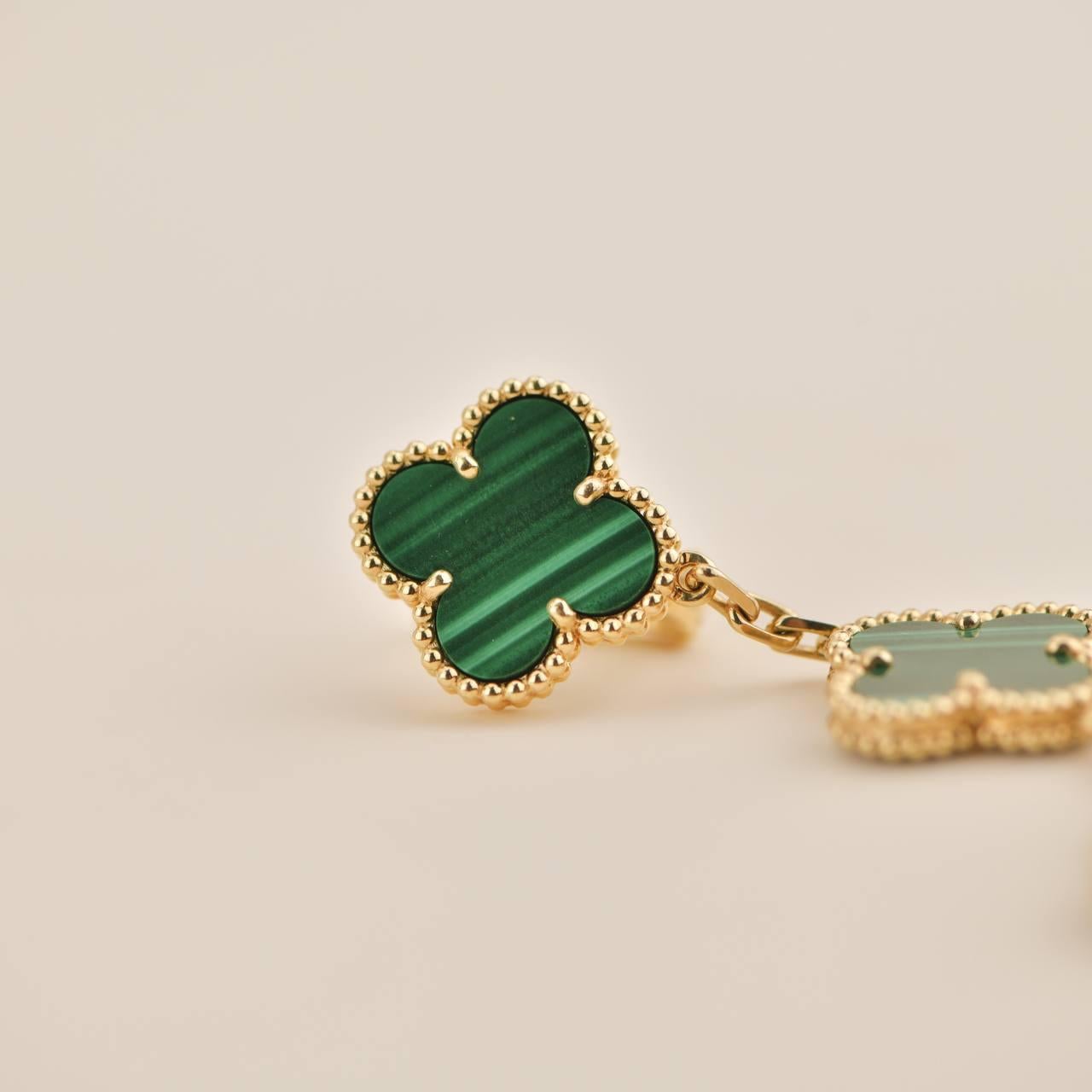 Van Cleef & Arpels Magic Alhambra Three Motifs Malachite Yellow Gold Earrings 1