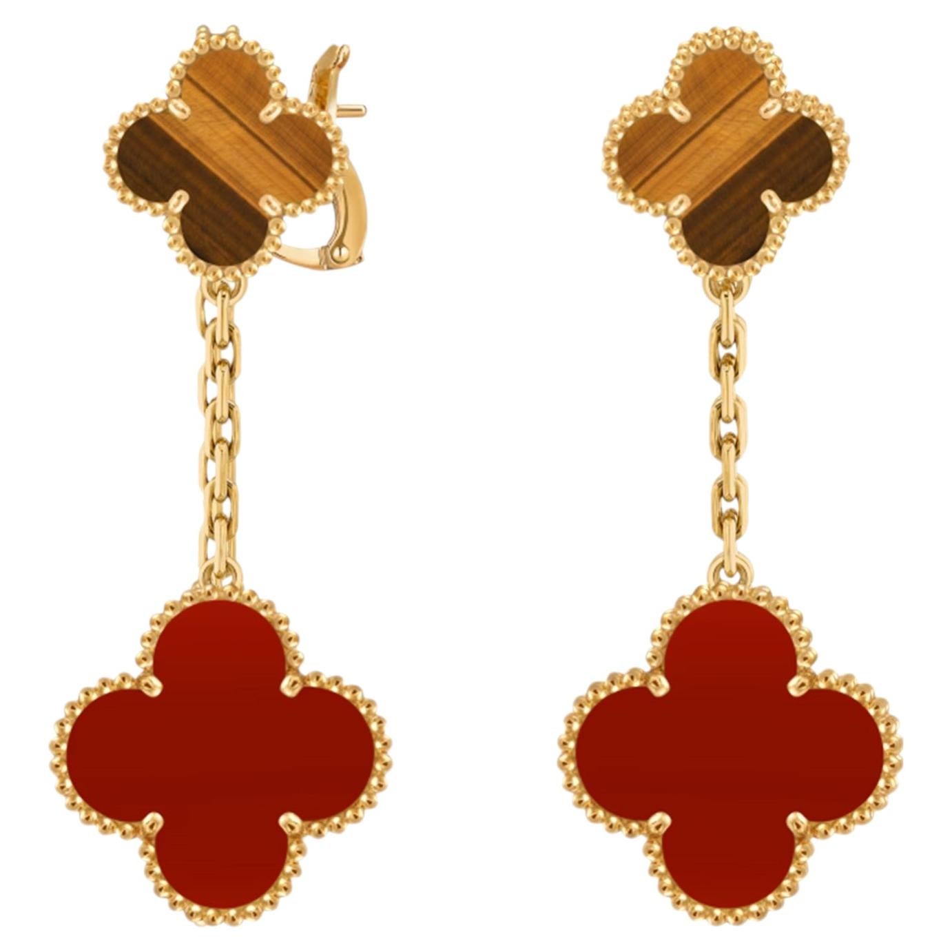 Van Cleef & Arpels Magic Alhambra Tiger Eye Carnelian 2 Motifs Earrings 18K Gold