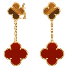 Van Cleef & Arpels Magic Alhambra Tiger Eye Carnelian 2 Motifs Earrings 18K Gold