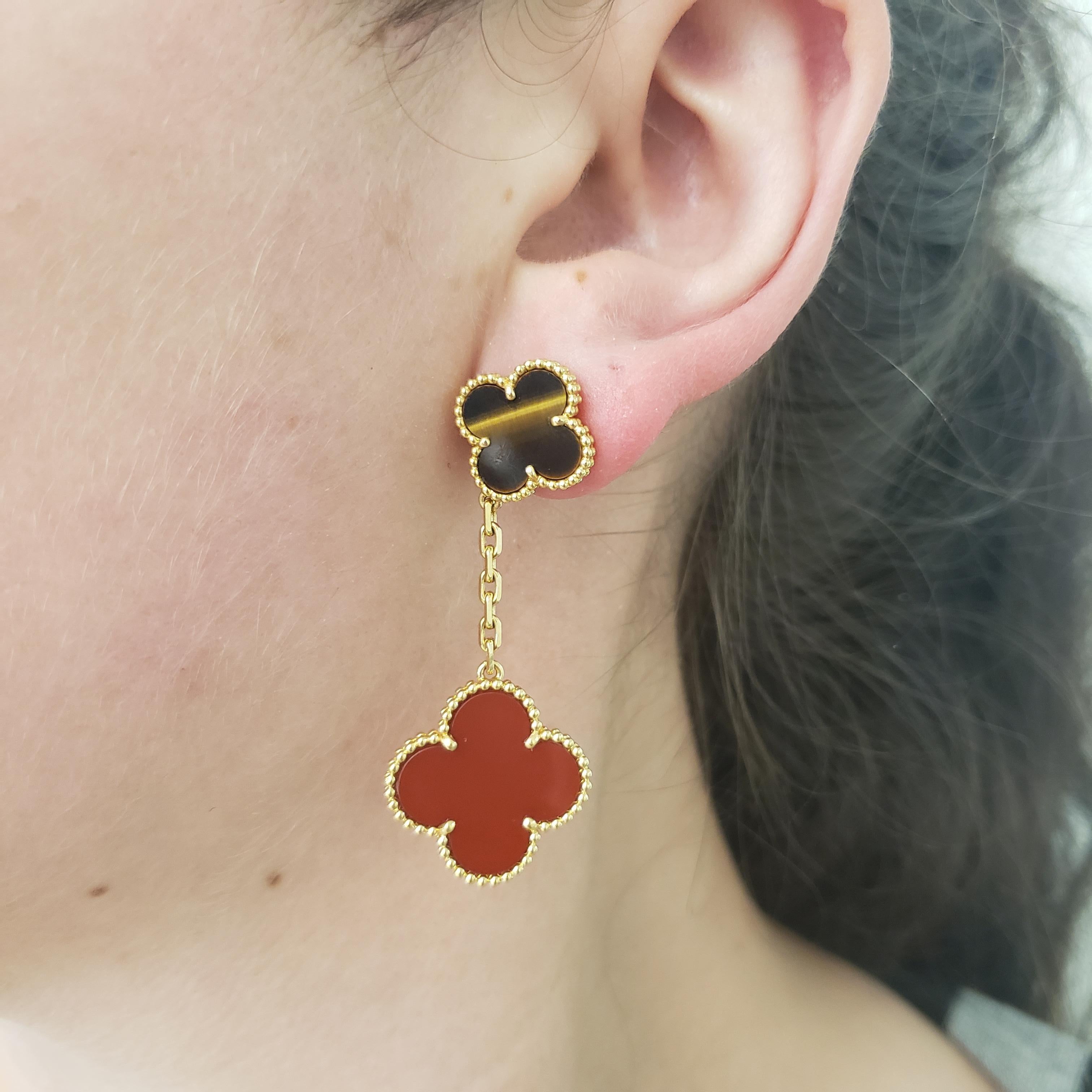 Van Cleef & Arpels 'Magic Alhambra' Tigers Eye and Carnelian Earrings In Excellent Condition In New York, NY